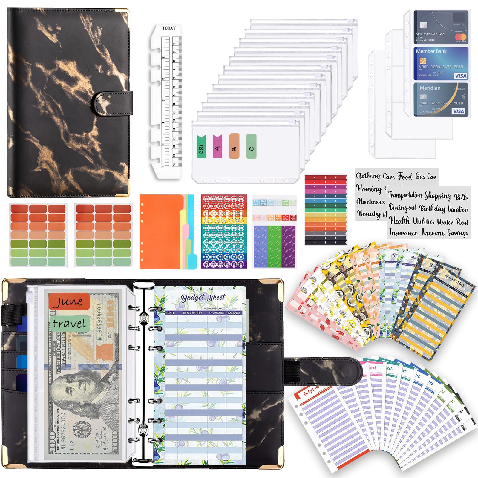 AMTAMA6 Budget Binder Planner with Cash Envelopes for Budgeting, Money Saving Binder Organizer with 15 Budget Envelopes 24 Budget Sheets for Cash with Zipper Pockets-Marble Black