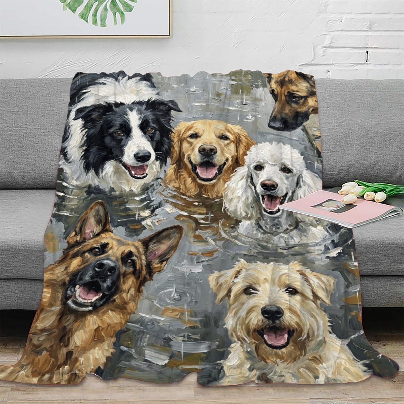 W7C8U2X3 Happy Dogs Watercolor Portrait Blanket, Flannel, Whimsical Dog Art