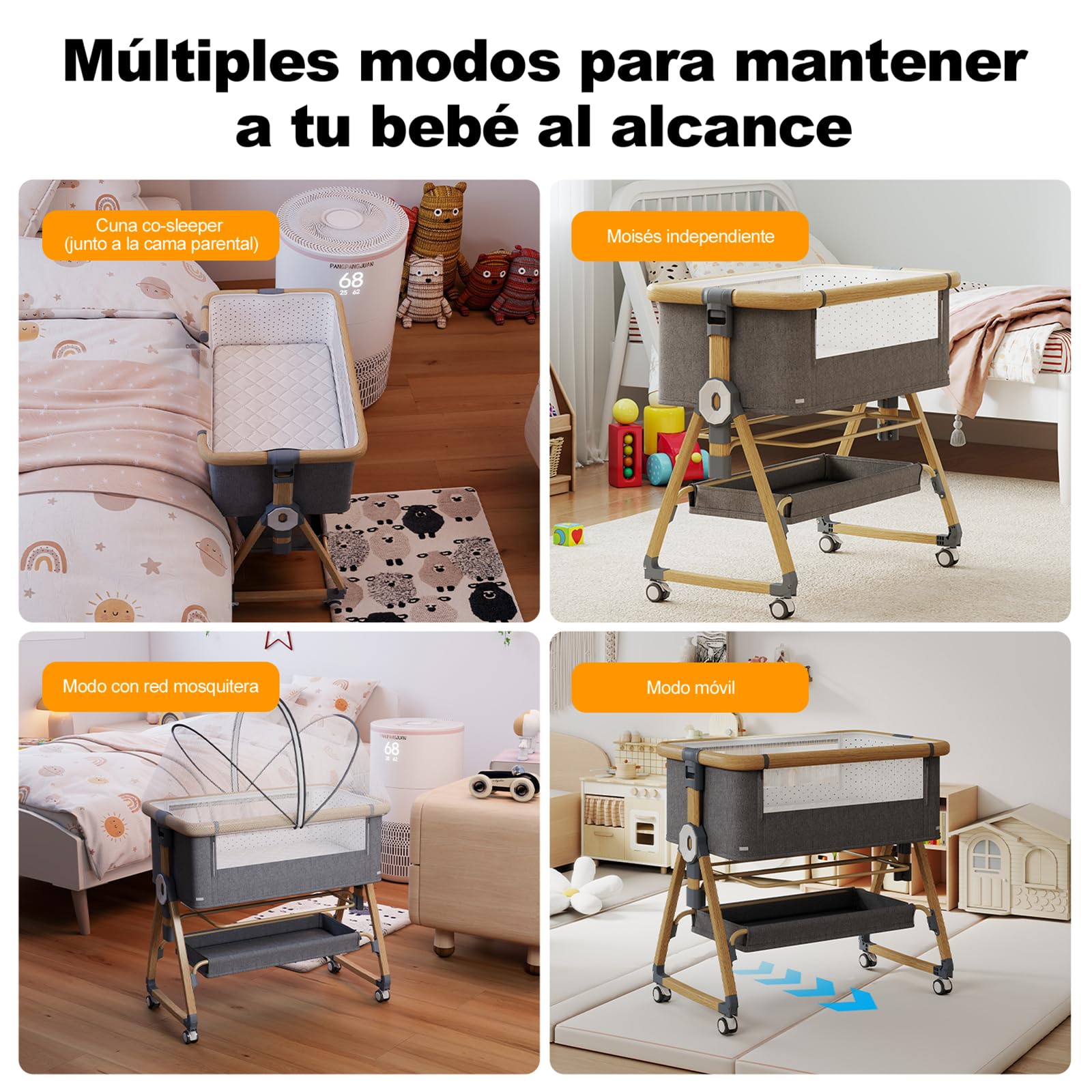 Cuna 3 en 1, Cuna de colecho,Crib Mecedora, Ajuste de Altura e inclinación del colchón (Color veta de Madera)