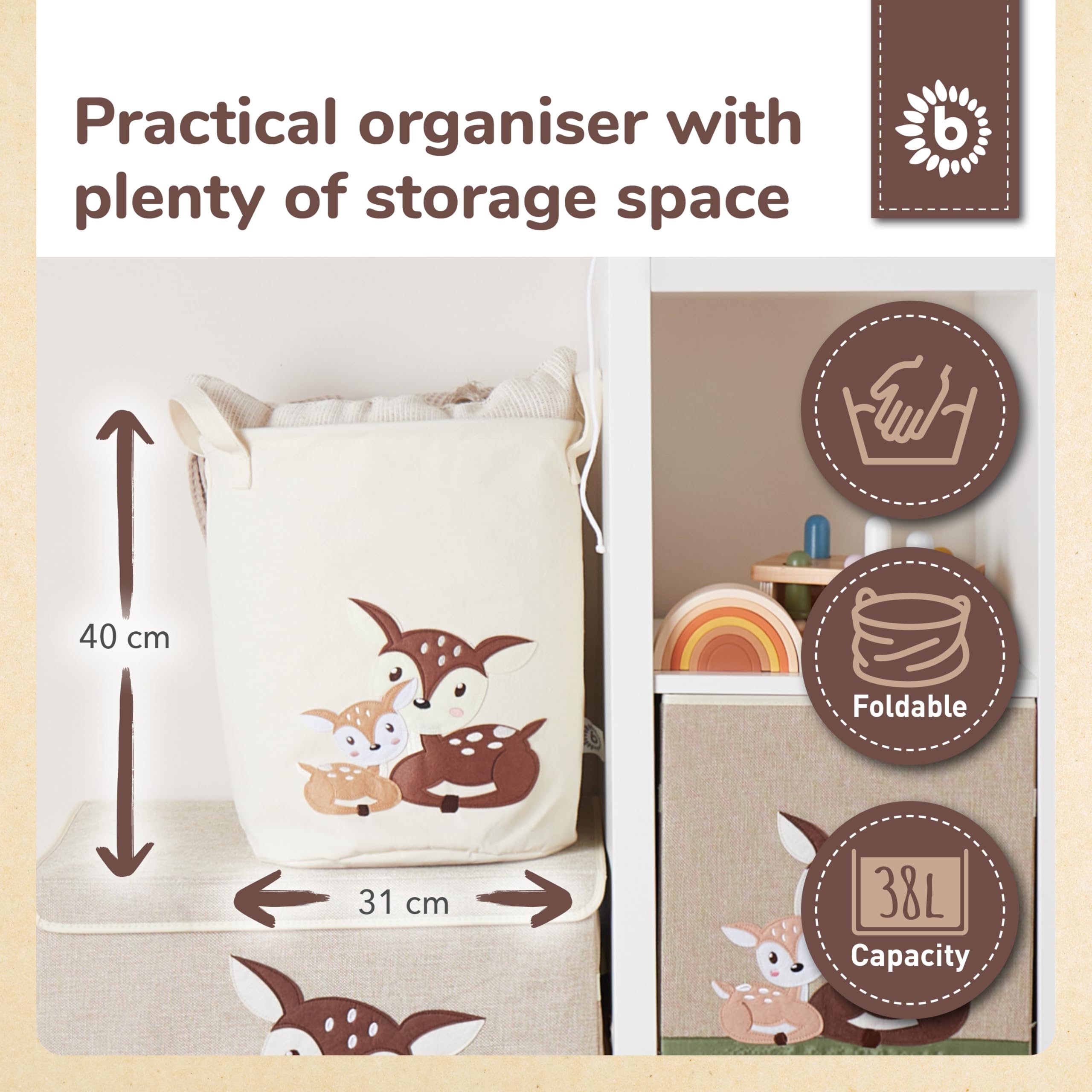 Bieco Laundry Basket Baby Deer Large Storage Basket Children Cotton and Water-Repellent Storage Nursery Laundry Basket Children's Room Girls Toy Basket - Image 3