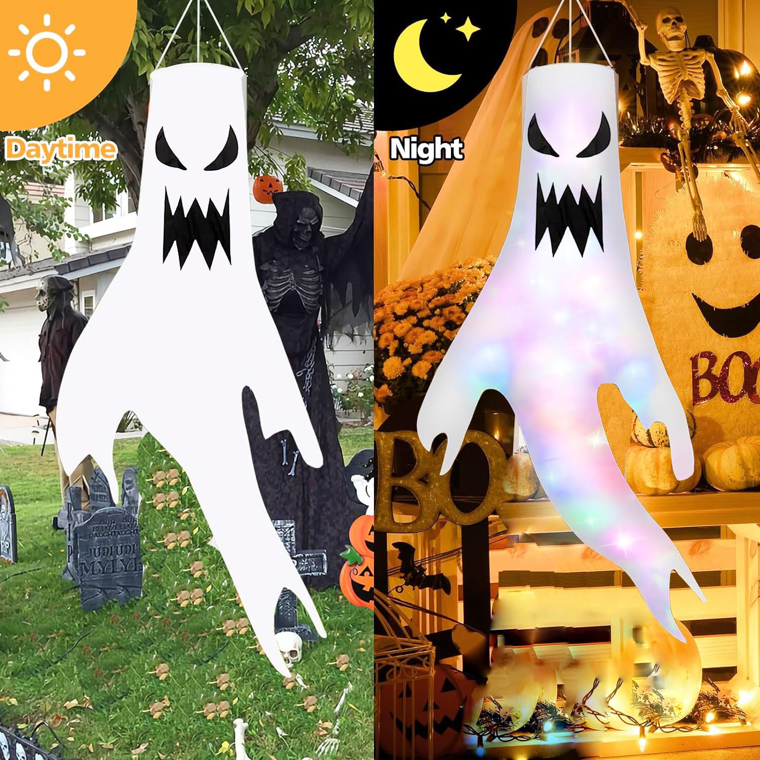 Ghost Windsocks - 2 szt. halloweenowe dekoracje ogrodowe ze światłem i kapeluszem czarownicy, wisząca flaga na podwórko do wewnątrz, patio, trawnik, nawiedzony dom, dekoracja na Halloween na zewnątrz