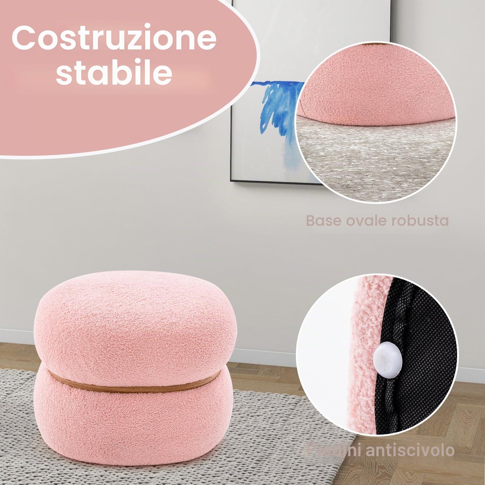 HOMASIS Sgabello per tavolo da toeletta, sgabello da trucco in Sherpa, ovale, portata fino a 300 kg, poggiapiedi imbottiti per soggiorno, camera da letto e corridoio, 44 x 35 x 35 cm, rosa