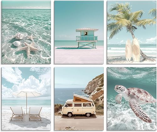 Arte de pared costero de playa, 6 piezas, escena de días soleados y playeros, lienzo náutico verde menta para tabla de surf, impresión tropical para