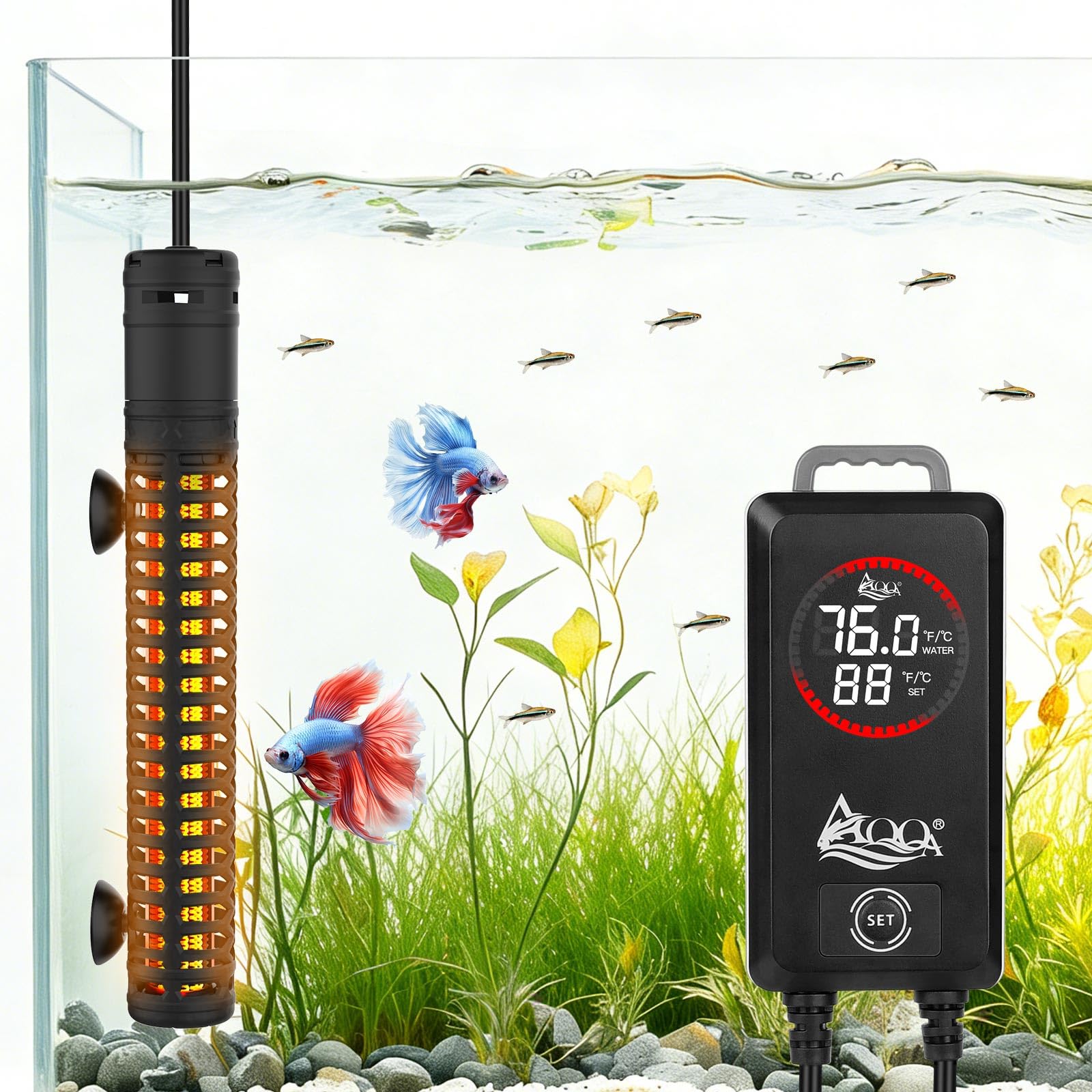AQQA 200W Aquarium Heater, Fish Tank Heater with Digital Thermostat, Over-Temperature and Dry-Run Protection, for 20-55 Gallon Freshwater, Saltwater,