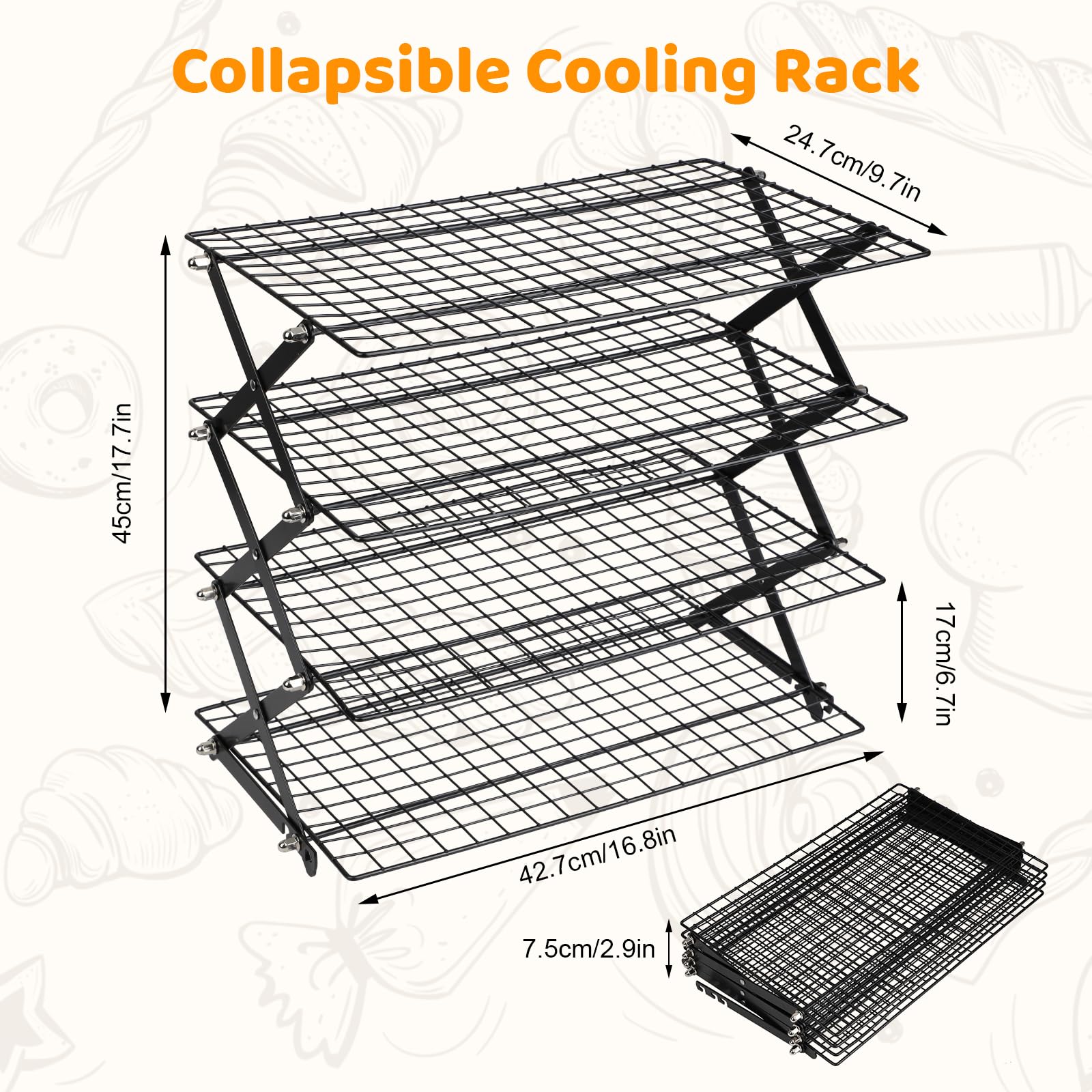 4 Plantas Rejilla para Enfriar Pasteles, Apilable Rejilla para Horno | Plegable Rejilla para Enfriar Repostería, Reutilizable Cooling Rack para Asar, Hornear, Parrilla, Enfriar y Refrigerar