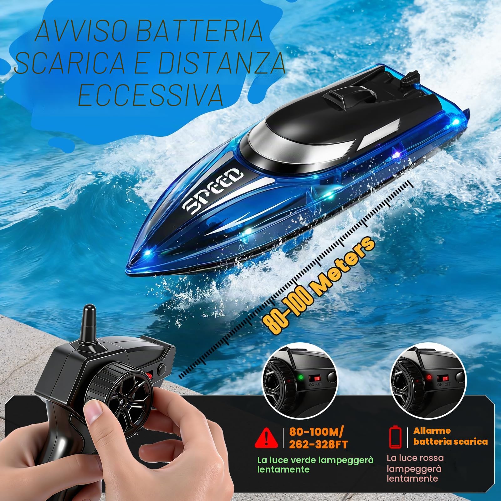 Barca Telecomandata con Luce LED, Barca RC con Batteria Ricaricabile da 1500 mAh Barca da Corsa RC per Adulti Bambini RC Boat Barchetta Alta Velocità con Doppia Elica Regalo per Piscine e Laghi