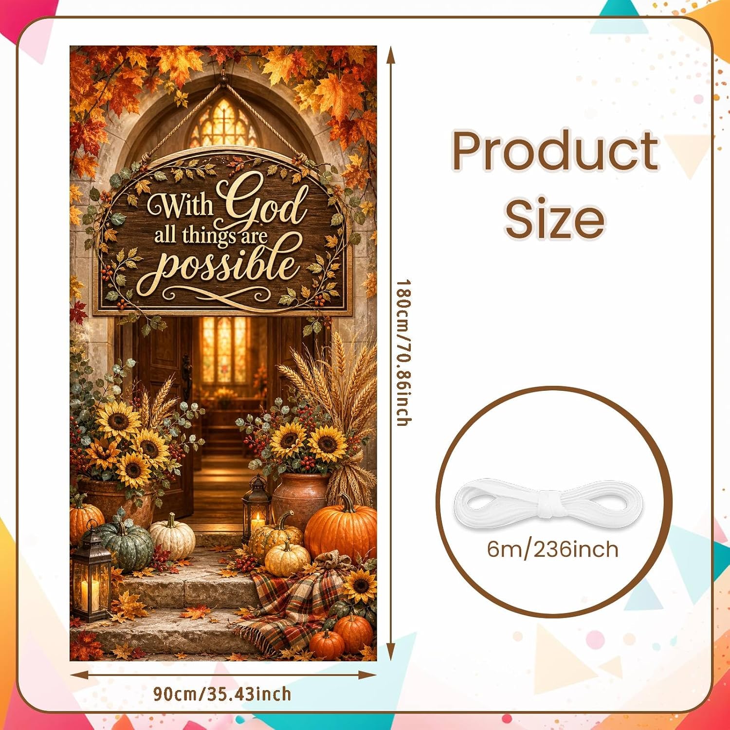 Fall Door Cover Decorations, 70.8 x 35.4 In With God All Things Are Possible Sunflowers Pumpkins Christian Harvest Front Door Banner, Thanksgiving Porch Sign Entry for Party Decor