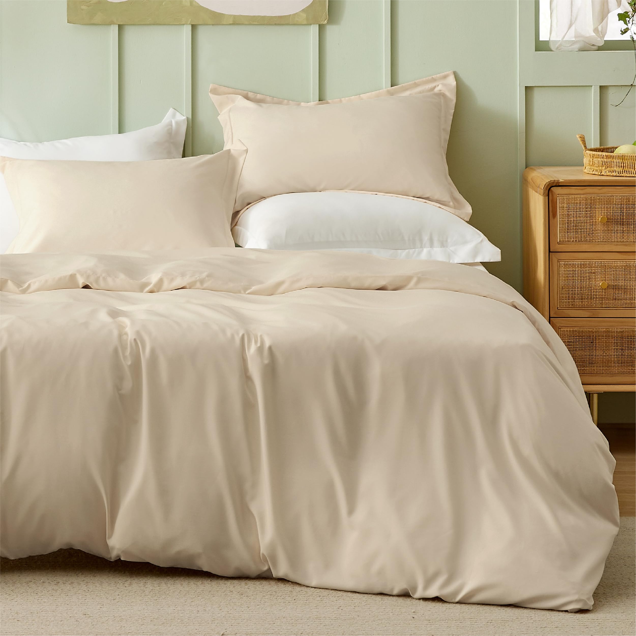 Bedsure Beige Duvet Cover Queen Size - Polyester & Rayon Derived from Bamboo Cooling Queen Duvet Cover Set, 3 Pieces, 1 Zipper Closure Duvet Cover (90"x90") & 2 Pillow Shams, Comforter Sold Separately