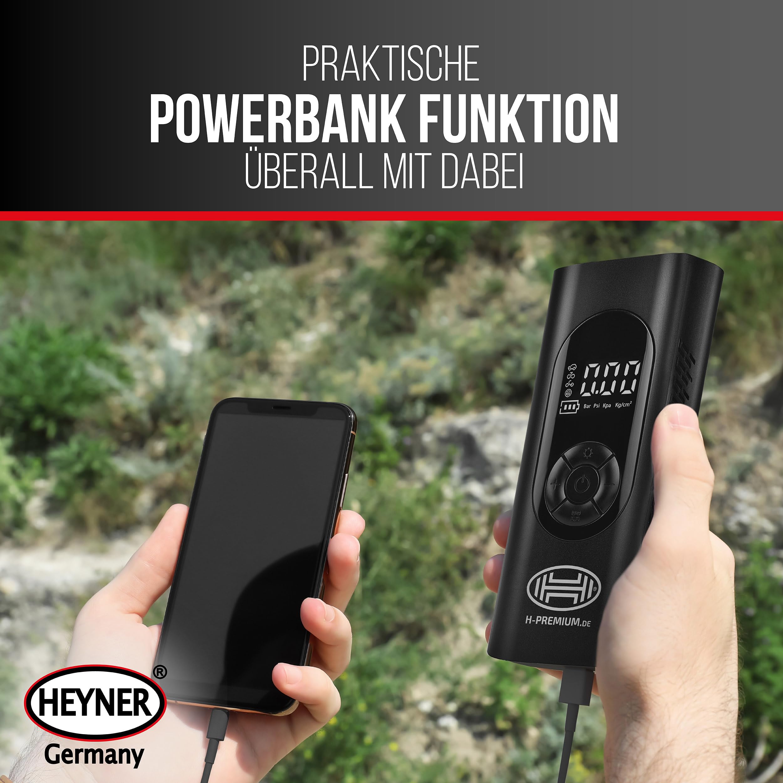 HEYNER® Luftkompressor mit 6000 mAh Akku, 10 bar, Auto-Stopp, LCD-Anzeige | Livebetrieb über 12 V am Fahrzeug, Powerbank mit 5 V / 2 A, LED-Licht mit SOS-Signal, Für Auto, Motorrad, Fahrrad und Camping