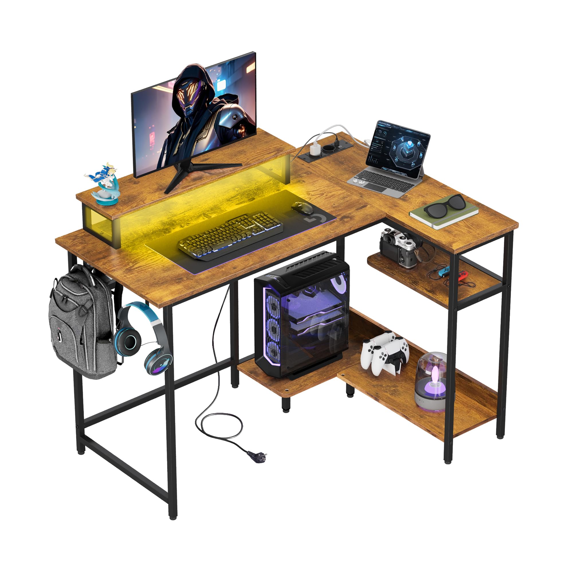 DEVAISE Scrivania Gaming Angolare 110x80cm, Scrivanie a L Salvaspazio con LED RGB, Scrivania da Ufficio con Corrente e USB, Supporto Monitor Ergonomico e Mensole per Camera e Studio, Rustic Brown