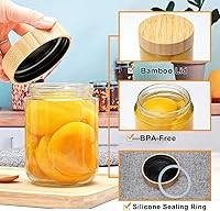 Vista 4 de Encheng Tarros de vidrio de 16 onzas con tapas, recipientes de avena nocturna con tapas de bambú, frascos Mason de vidrio de boca ancha, recipientes