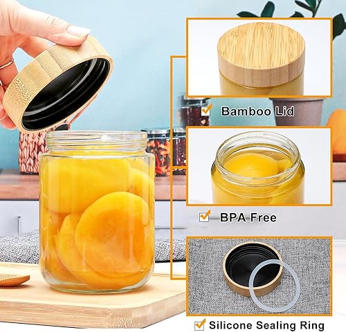 Miniatura 4 de Encheng Tarros de vidrio de 16 onzas con tapas, recipientes de avena durante la noche con tapas de bambú, recipientes de almacenamiento de alimentos