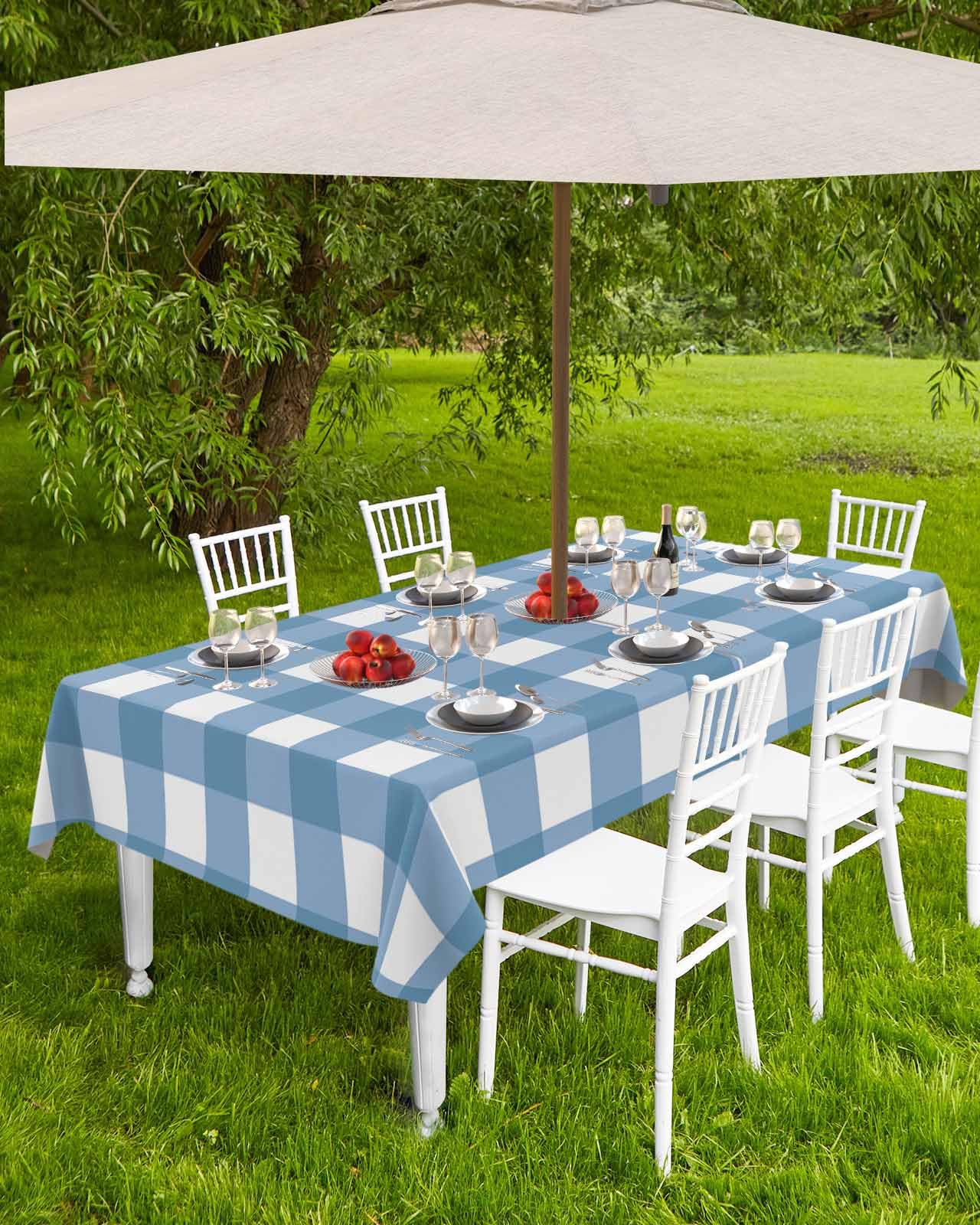 Outdoor Rectangle Tablecloth with Umbrella Hole and Zipper, Blue White Plaid Waterproof Table Cover, Gradient Geometric Buffalo Checkered Washable Patio Tablecloths for Party Picnic, 60
