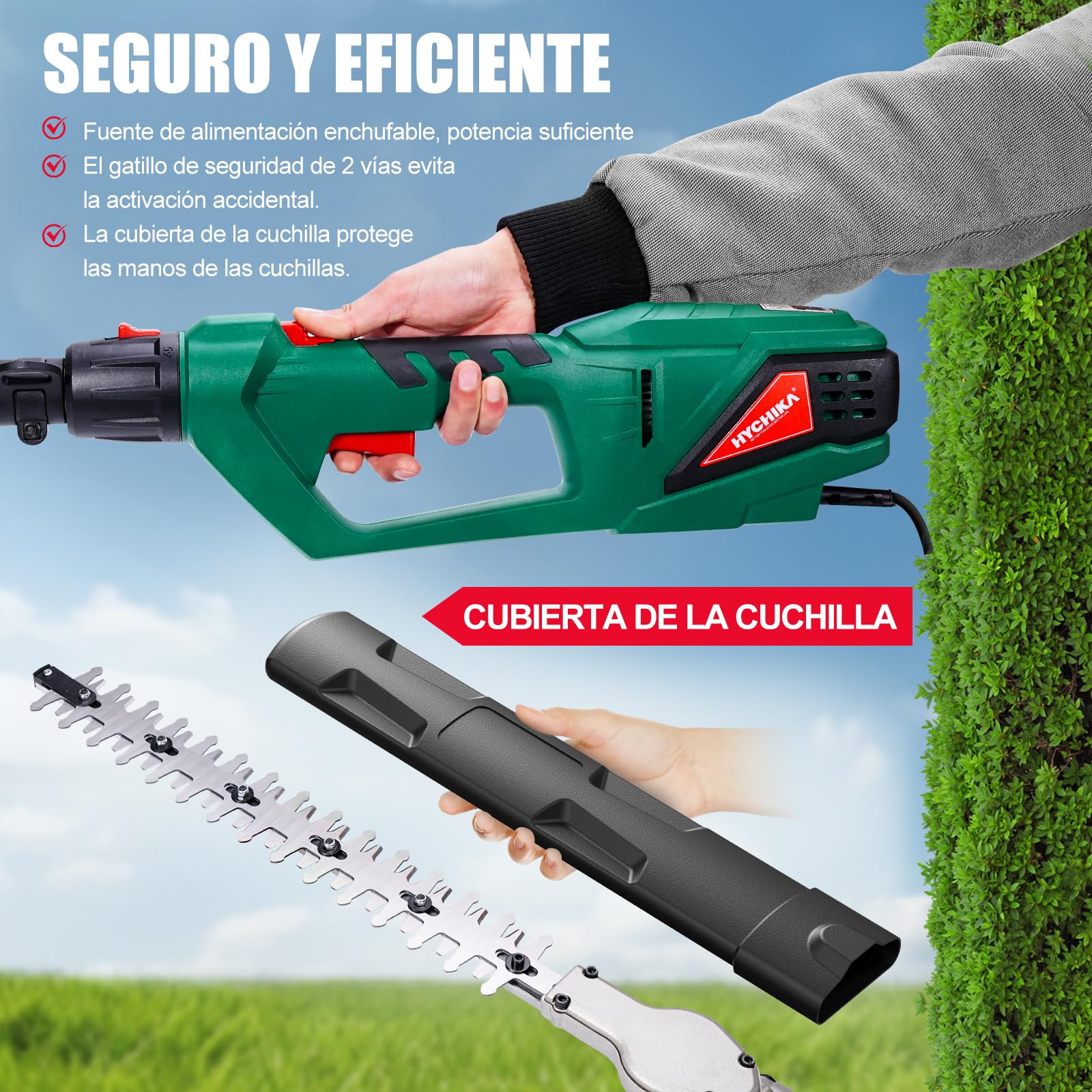 HYCHIKA Cortasetos Electrico Telescopico 900W, Cortasetos Telescopico, Extensible 200-250 cm, Cabezal Pivotante +90°~-45°, Doble Interruptor y Doble Asa, para Podar Césped, Arbustos y Setos