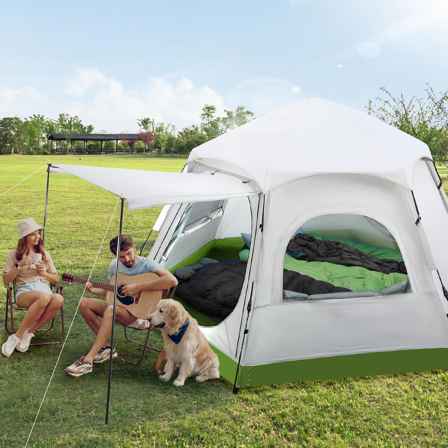 Family Camping Tent 4 Person Waterproof Cabin Tent with Awning and 4 Sided Mesh Windows Easy Setup Portable Outdoor Tent for Beach Park Mountain Hiking Fits 1 Full Air Mattress