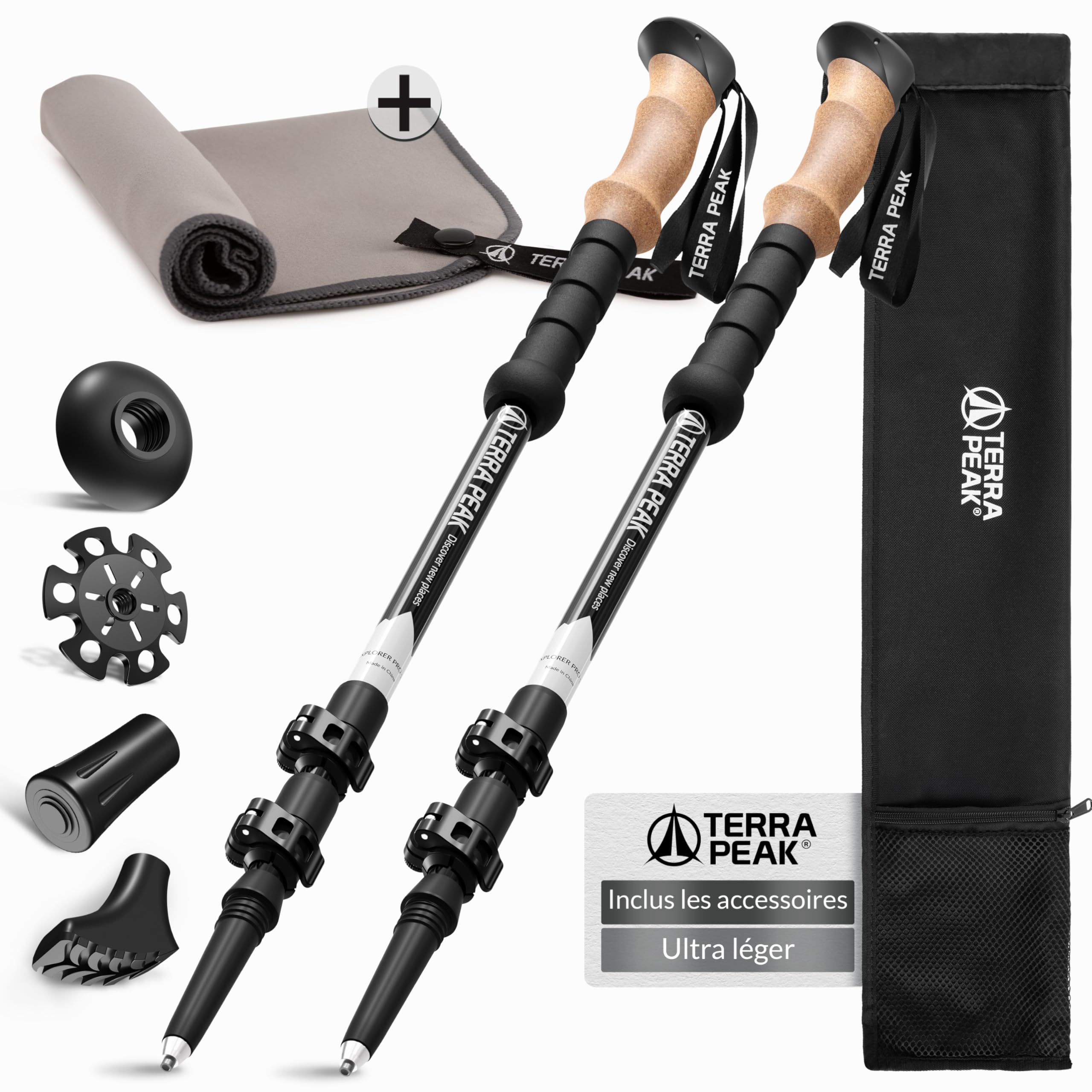 Terra Peak® Bâtons de Marche et Randonnée télescopiques (Pliables, Extensibles, réglables, légers) - Canne et Randonnee pour Trekking, Nordique Walking, Trail Running, Montagne Femme et Homme