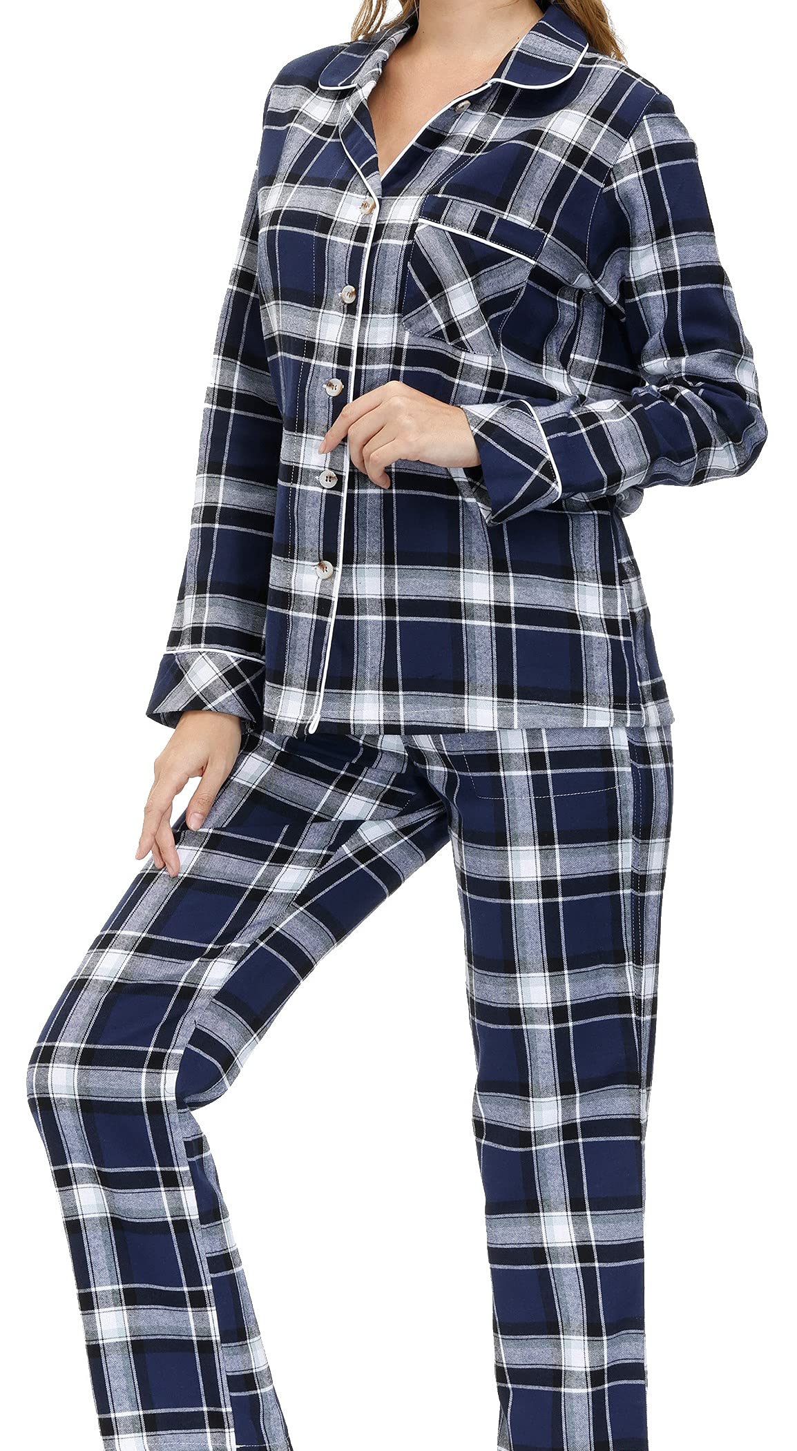 MoFiz Pyjama Femme Coton Ensemble de Pyjama Carreaux Vêtements de Nuit Boutonné à Manches Longues Pantalon avec Poches