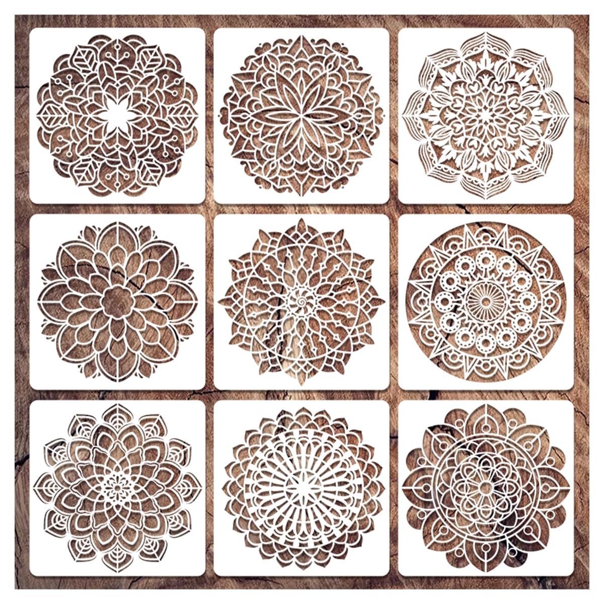 Paquete de 9 plantillas de mandala para pintar, plantillas de dibujo reutilizables para pintar en suelos de madera, pared, lienzo, azulejos, plantillas creativas de mandala para proyectos de arte y