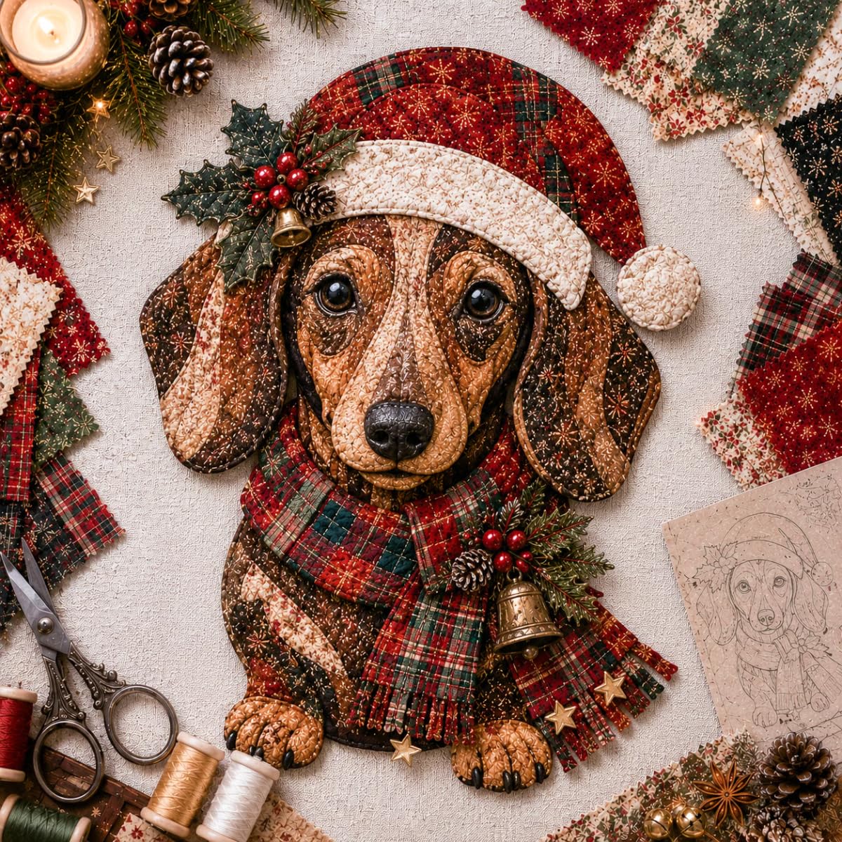 Christmas Patchwork Fabric DIY Decor Kit, Xmas Holiday Patchwork Sewing Kit, Christmas Patchwork Fabric DIY Decor Kit, Layered Santa Appliqué, Wall, Door & Window Décor (Dachshund)