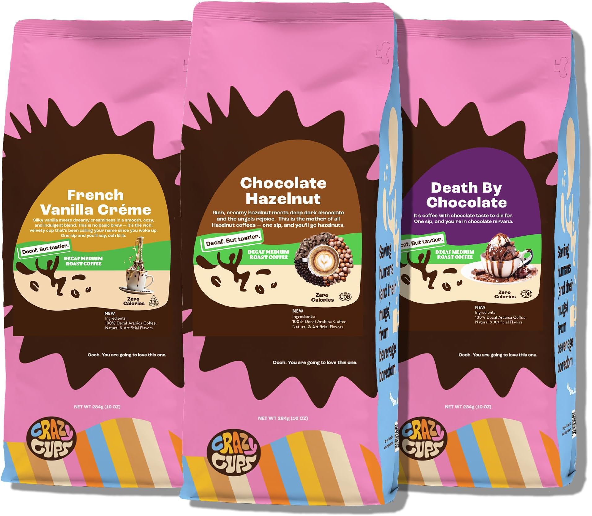 Crazy Cups Decaf Flavored Ground Coffee Variety Pack, Includes Chocolate Hazelnut, French Vanilla and Death by Chocolate, in 10 oz Bags, For Brewing Flavored Hot or Iced Decaf Coffee, Variety 3 Pack