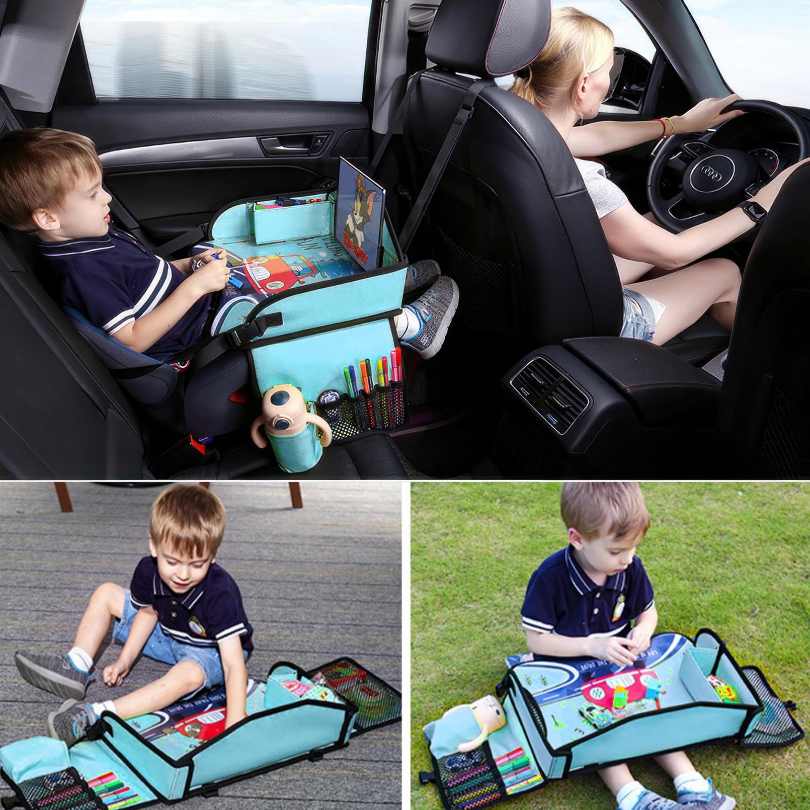 Vassoio da Viaggio per Bambini per Seggiolino Auto con 15 Sacchetti, Accessori Essenziali per Viaggi su Strada