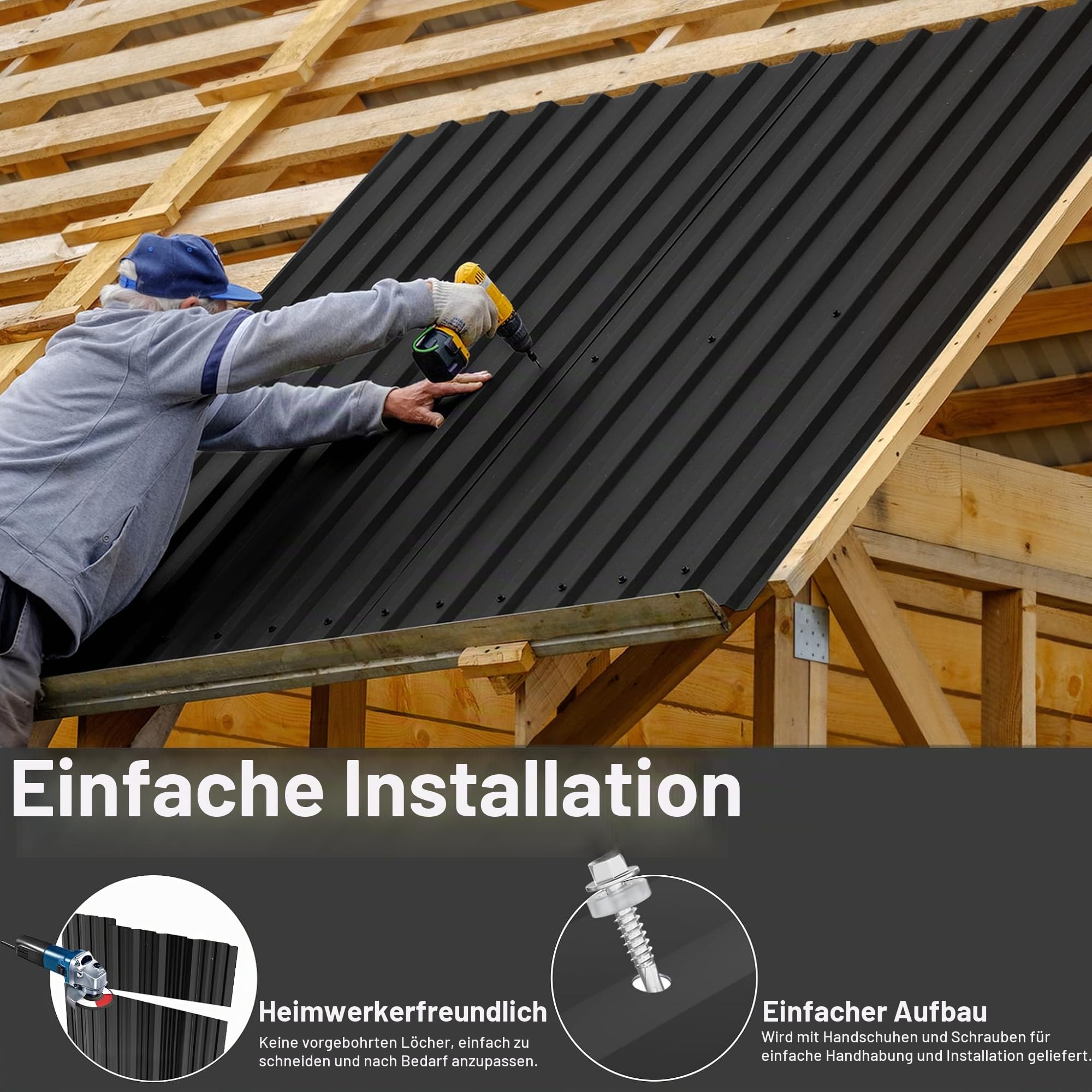 FIVMEN 12x Trapezblech 1295x450mm Verzinkt Dachblech Wellblechplatten für Dach mit Handschuhe und Schrauben Dachplatten Wellblech Wellplatten 7m², Schwarz