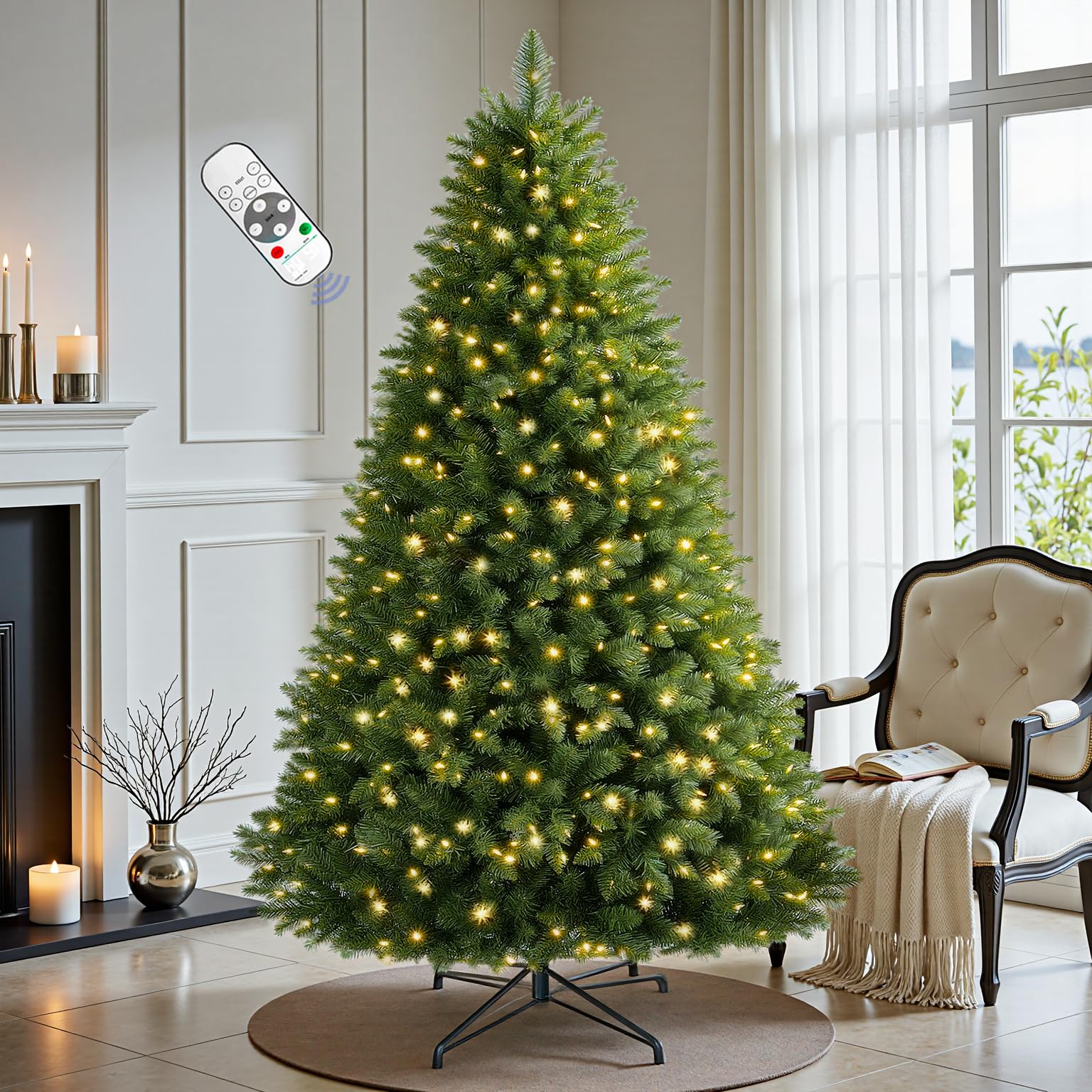 6 FT Pre-lit Christmas Tree Spruce with Remote Control, 300 Warm White Multi-Color Changing LED Lights, Artificial Hinged/Feel Real/Realistic for Home, Holiday Decoration Dual Color LED