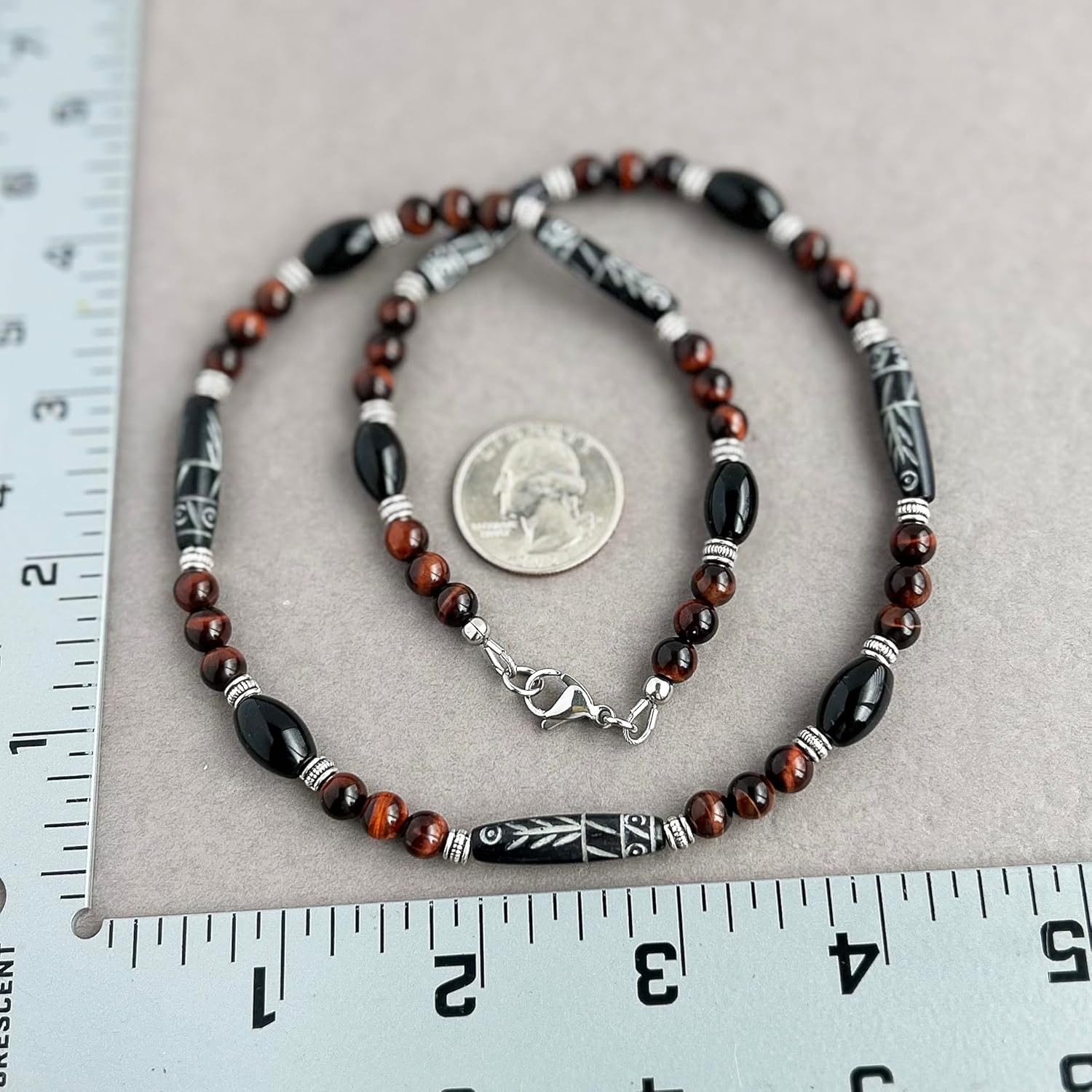 Mami's Gem Studio Mens Tribal Style Necklace, Beaded with Carved Bone, Black Onyx, and Gemstone - Handcrafted in USA