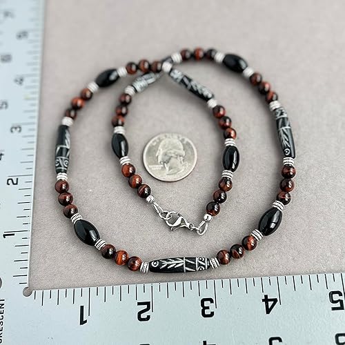 Miniatura 5 de Mens Tribal Style Necklace - Carved Bone, Black Onyx, Red Tiger Eye Gemstone, Handcrafted (20 inches)