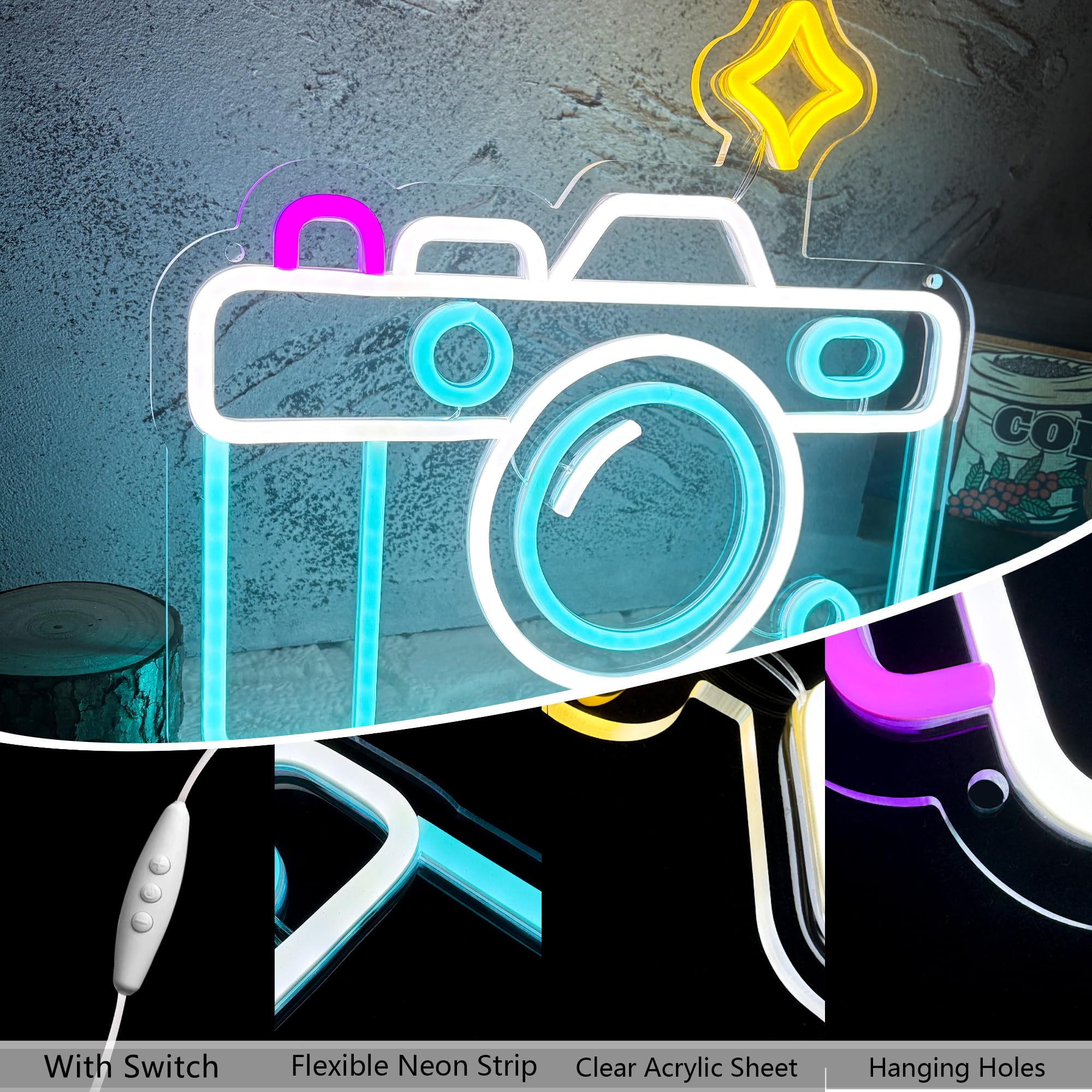 Insegna al neon con fotocamera, dimmerabile alimentata tramite USB, simpatica luce al neon per studio fotografico, decorazione da parete per feste, bar, negozi, studi fotografici, soggiorno