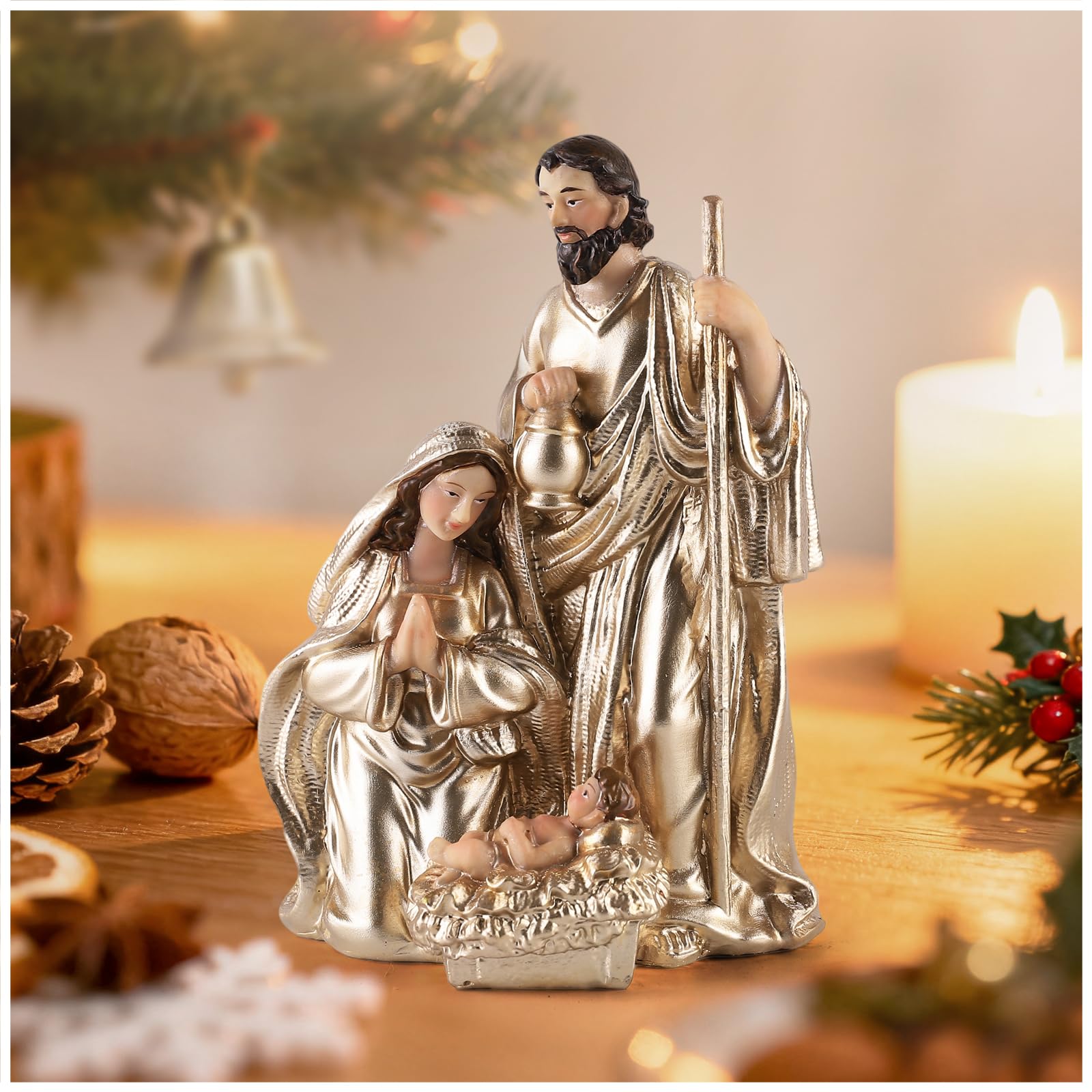 Figura de la Sagrada Familia de 8 pulgadas: adorno religioso de Navidad para mesa en color dorado