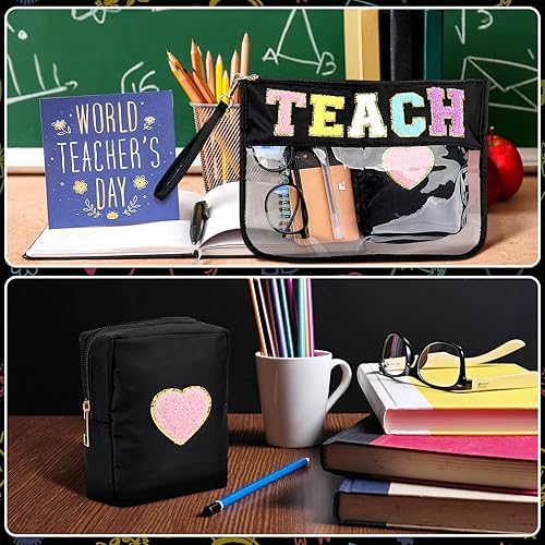 Miniatura 4 de Hillban 2 bolsas de regalo de Navidad para profesores, bolsa de lápices con cremallera, bolsa de cosméticos transparente para maquillaje, bolsa de