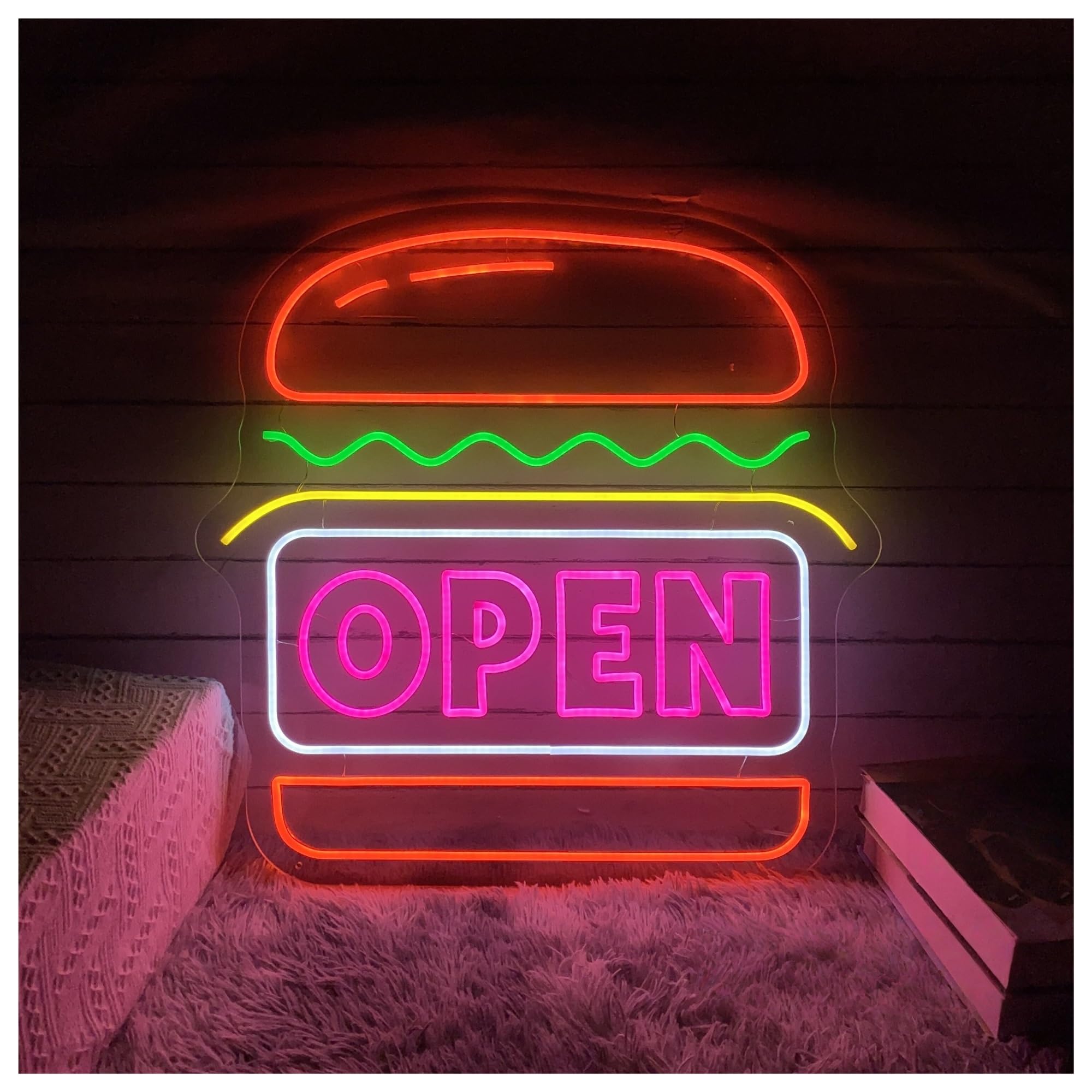 SHOUXI Sign Lamp Burger Open Neon Sign Hamburger Light, for Restaurant Home Wall Decor Welcome 50cmx50cm(A)
