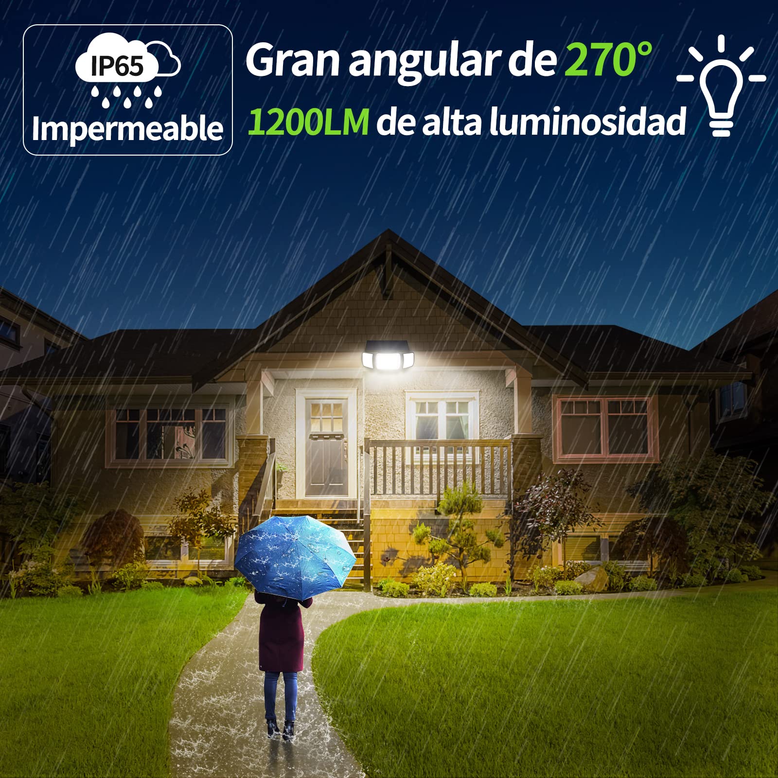 intelamp Foco Solar Exterior Luz Solar Exterior Focos Led Solares Potente 6000mAh Batería Luces Solares 1200LM con Sensor de Movimiento Garajes Luces de Jardin (1 paquetes)