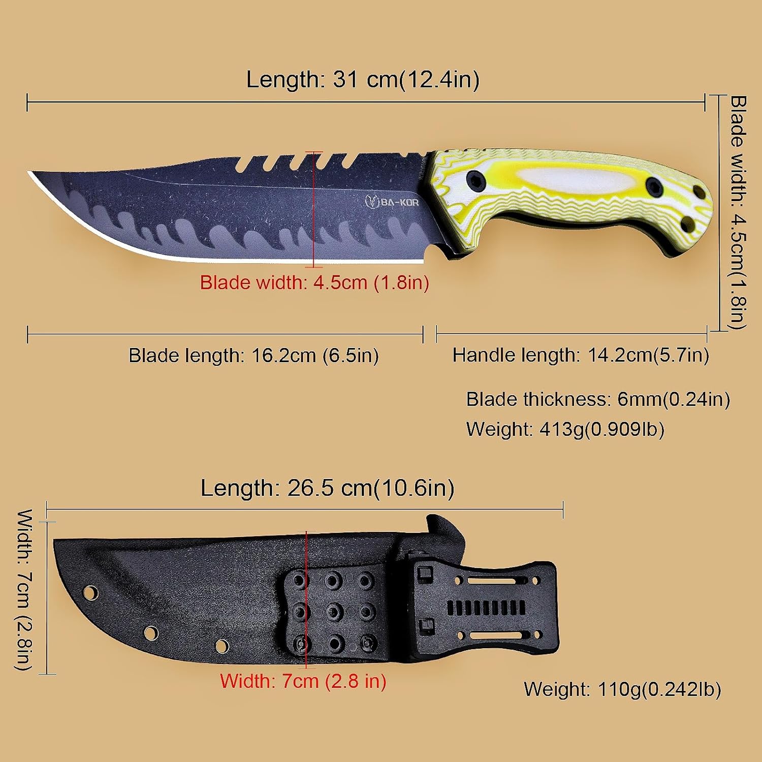 BA-KOR 12.4in Full Tang Fixed Blade Hunting Knife – 6mm 9CR18MoV Steel, G10 Handle, Stonewashed Sawback Blade with Kydex Sheath & Fire Starter for Outdoor, Camping, Survival (White and yellow stripes)