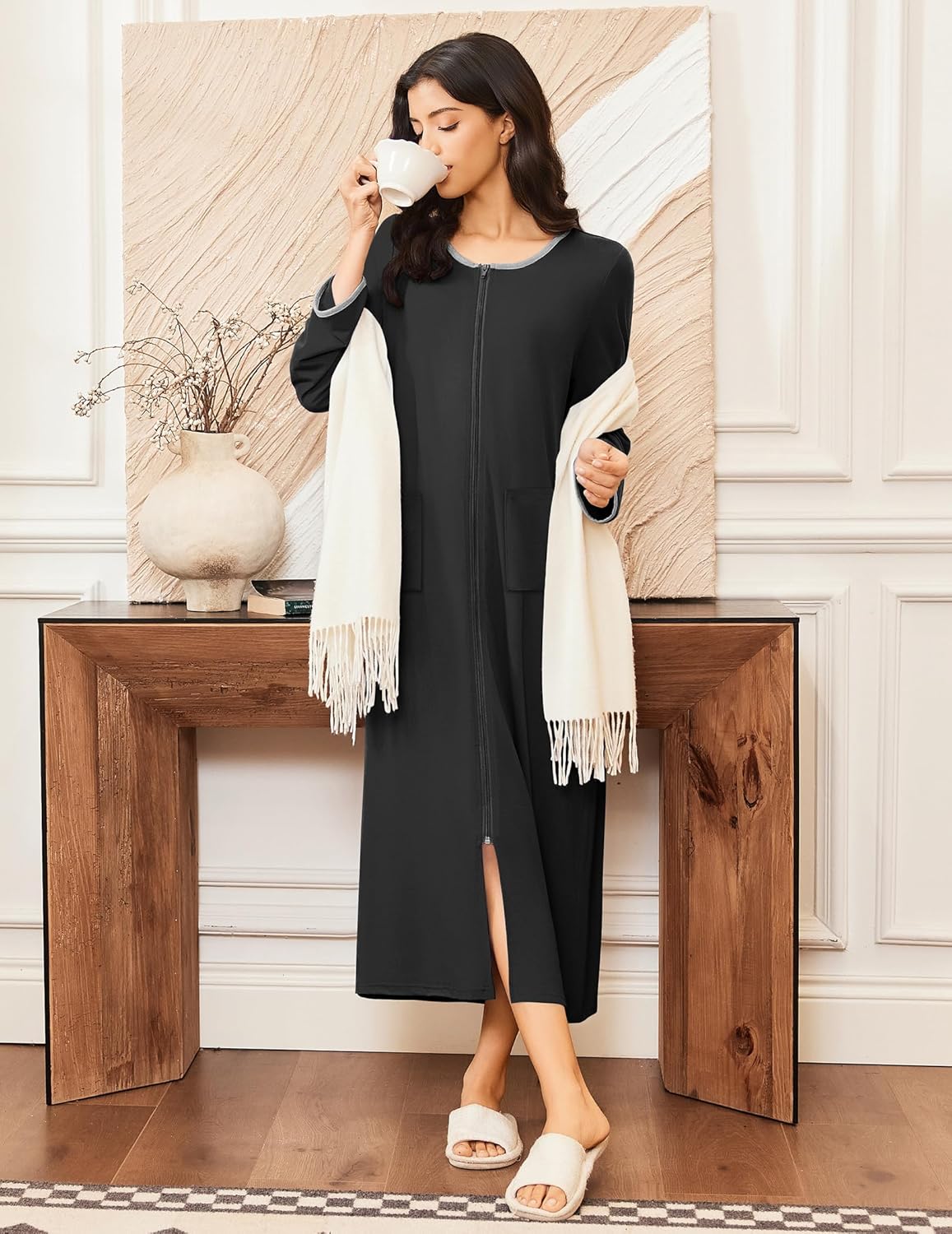 Ekouaer Women Long House Coat Zipper Front Robes Full Length Nightgowns with Pockets Striped Loungewear S-4XL - Image 4