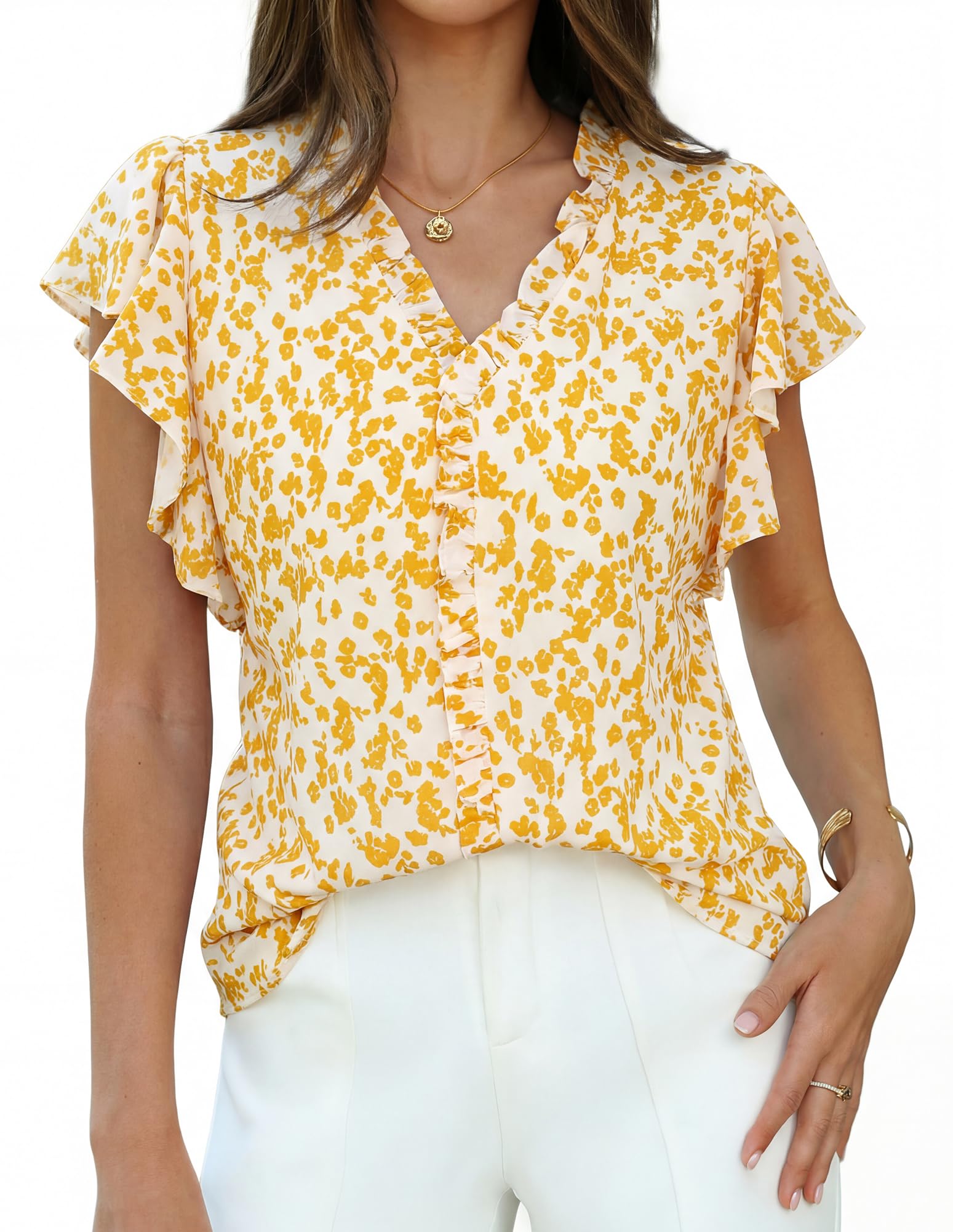 GRACE KARIN 2026 Boho Tops for Women Dressy Casual,Ruffle Sleeve Chiffon Blouses,V Neck Summer Fashion Clothes Yellow XXL