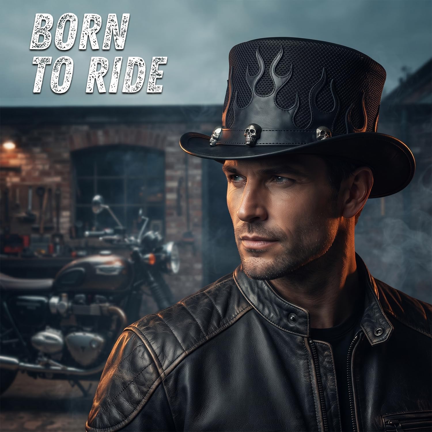 Unisex Genuine Leather Top Hat Black Flame Skull Biker Steampunk Gothic Western Cowboy Wide Brim Motorcycle Festival Hat