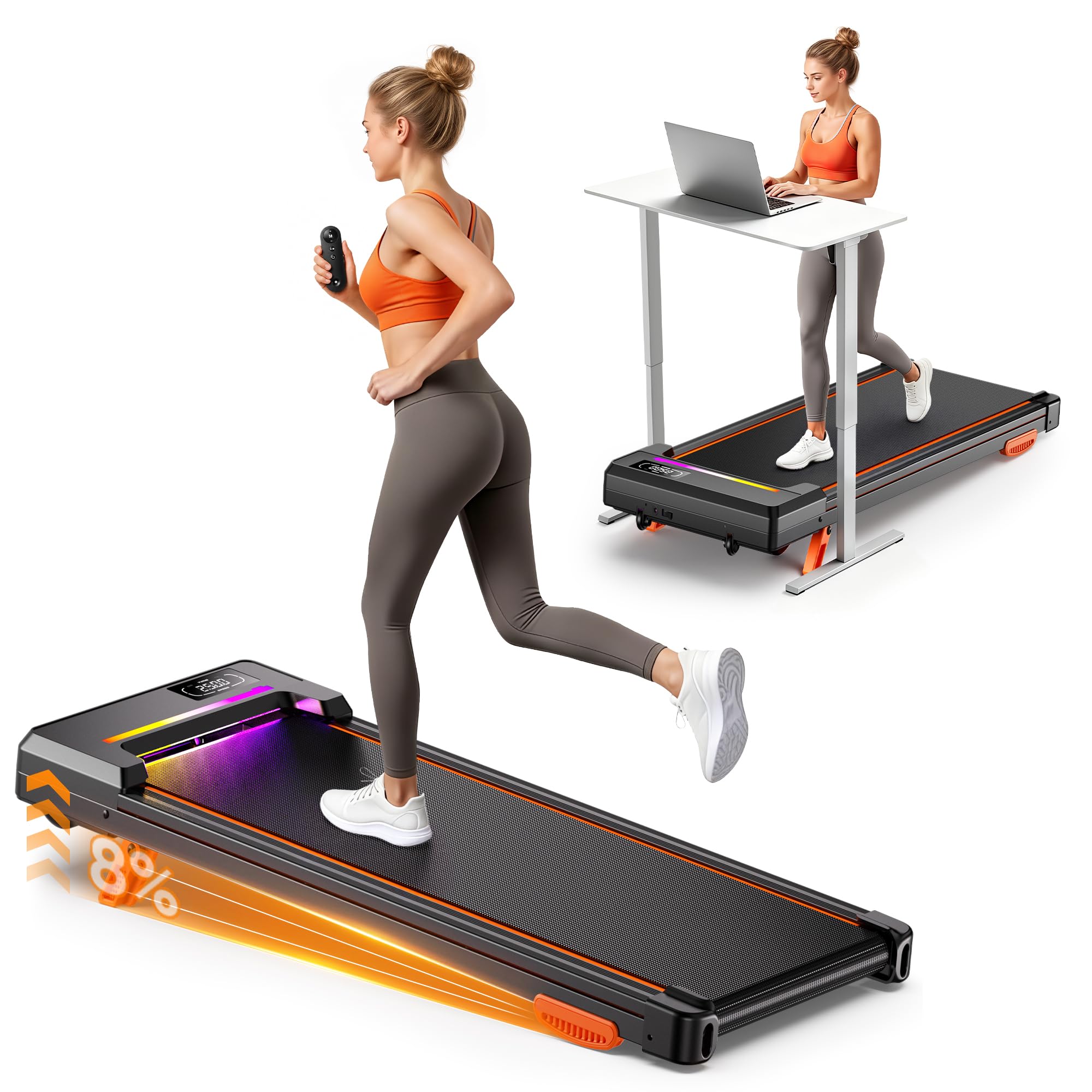 GIDGIMO Walking Pad Laufband mit 8% Steigung, 3-in-1 Schreibtisch-Laufband 1-8 km/h, 500 W leises Untertisch-Laufband mit LED-Display & Fernbedienung, bis 135 kg, für Zuhause und Büro