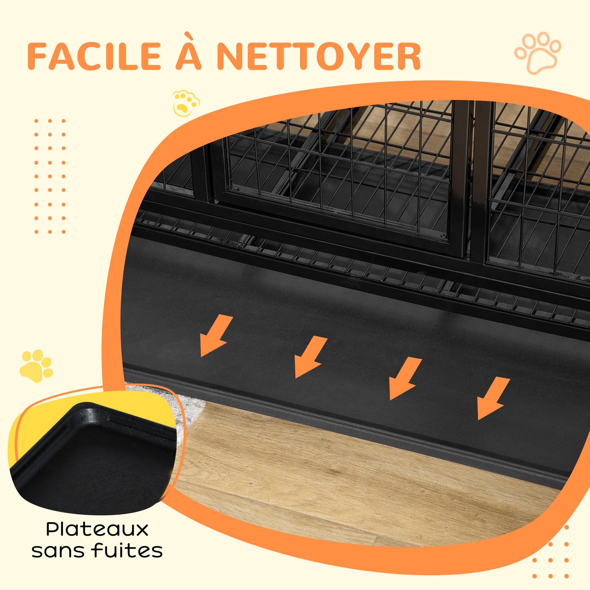 PawHut Cage pour Chien Animaux, sur roulettes 92L x 62l x 75H cm Noir | Cage de Transport, 2 Portes Verrouillables, Plateau Amovible, Charge Max. 150 Kg