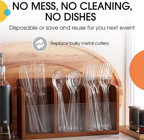 Miniatura 5 de Juego de cubiertos de plástico transparente, 150 piezas, de plástico transparente, 50 de cada tenedor, cuchillos y cucharas, juego de cubiertos