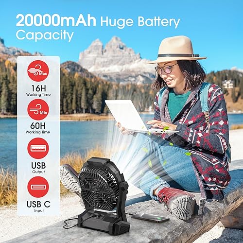 Vista 2 de ONLYNEW Ventilador portátil recargable, batería de 20000 mAh sin cable con linterna LED, batería operada por USB C para viajes, dormitorio, hogar