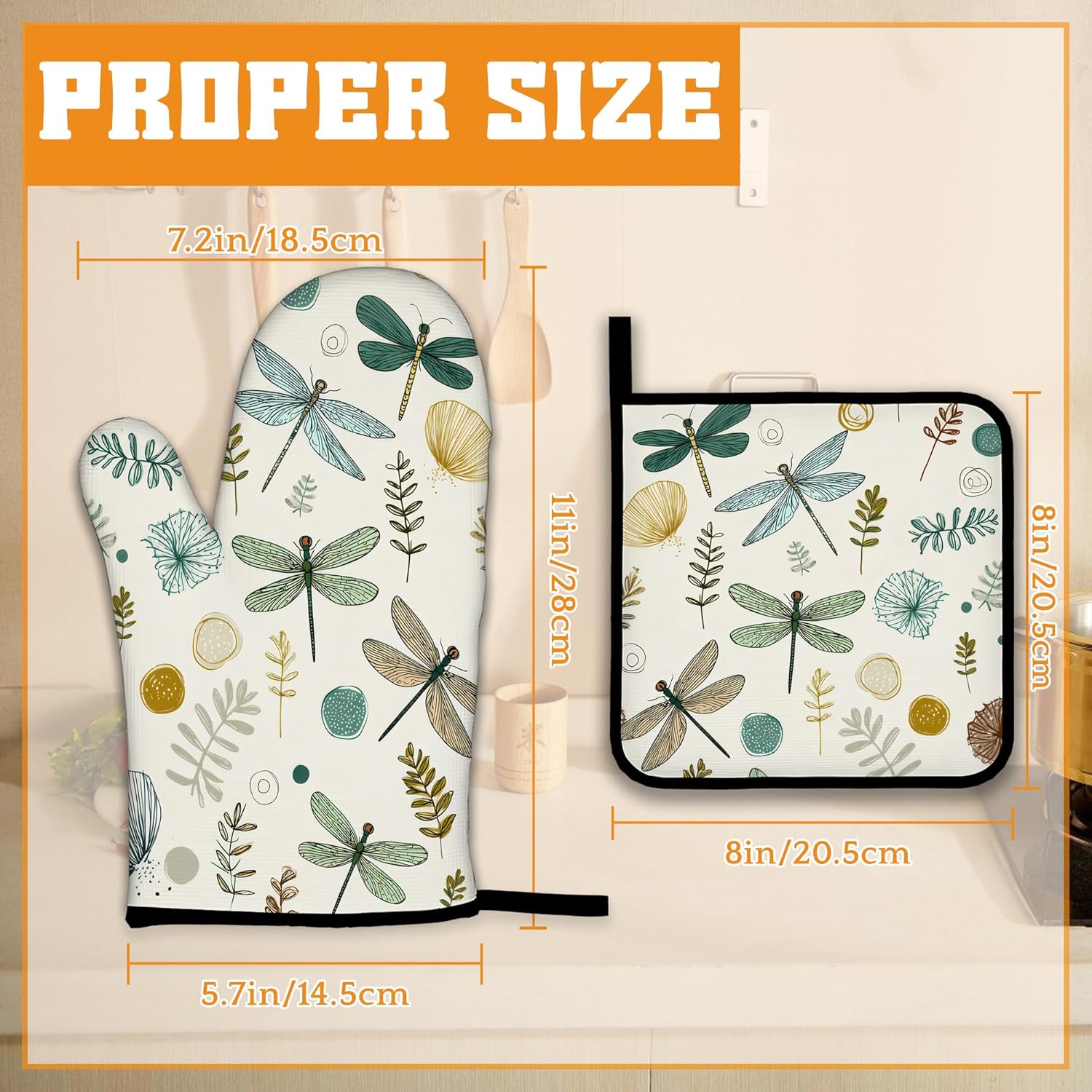 Vintage Dragonfly Oven Mitts and Pot Holders,Boho Heat Resistant Oven Mitts Gloves and Pot Holder for Home Kitchen Decorations Cooking Baking BBQ Gifts,Set of 4 - Image 2
