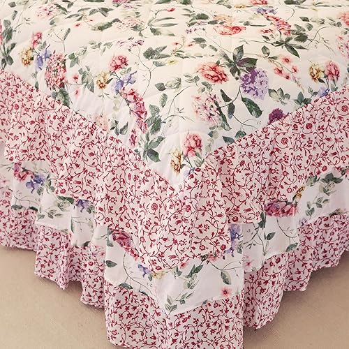 Miniatura 6 de EVENHUG Falda de cama 100% algodón, tamaño matrimonial, con volantes, color rosa, floral, con 2 fundas de almohada de 20 pulgadas, falda de cama de