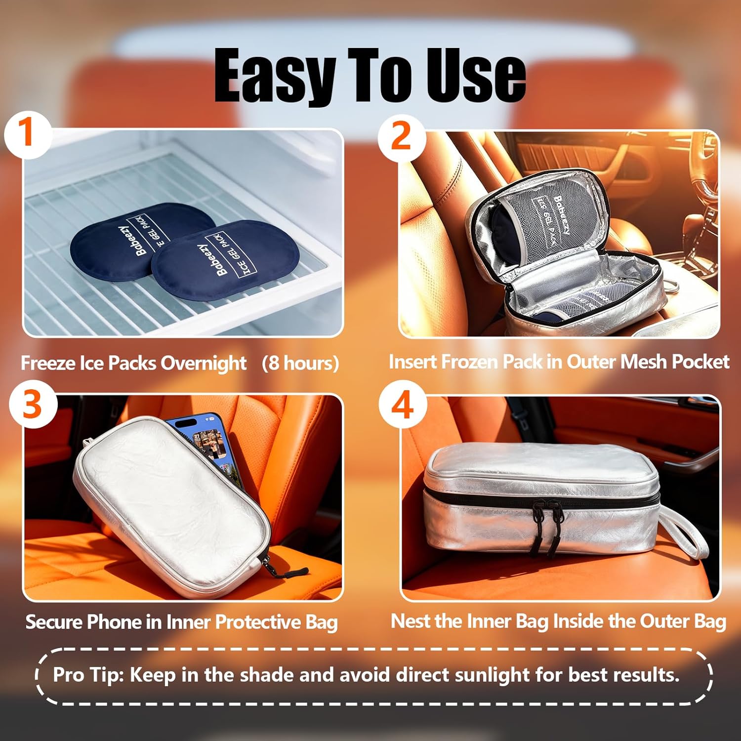 Keep Your Phone Safe from Extreme Heat Car Phone Cooling Bag Includes 2 Reusable Ice Packs Fits All Phones (Silver)