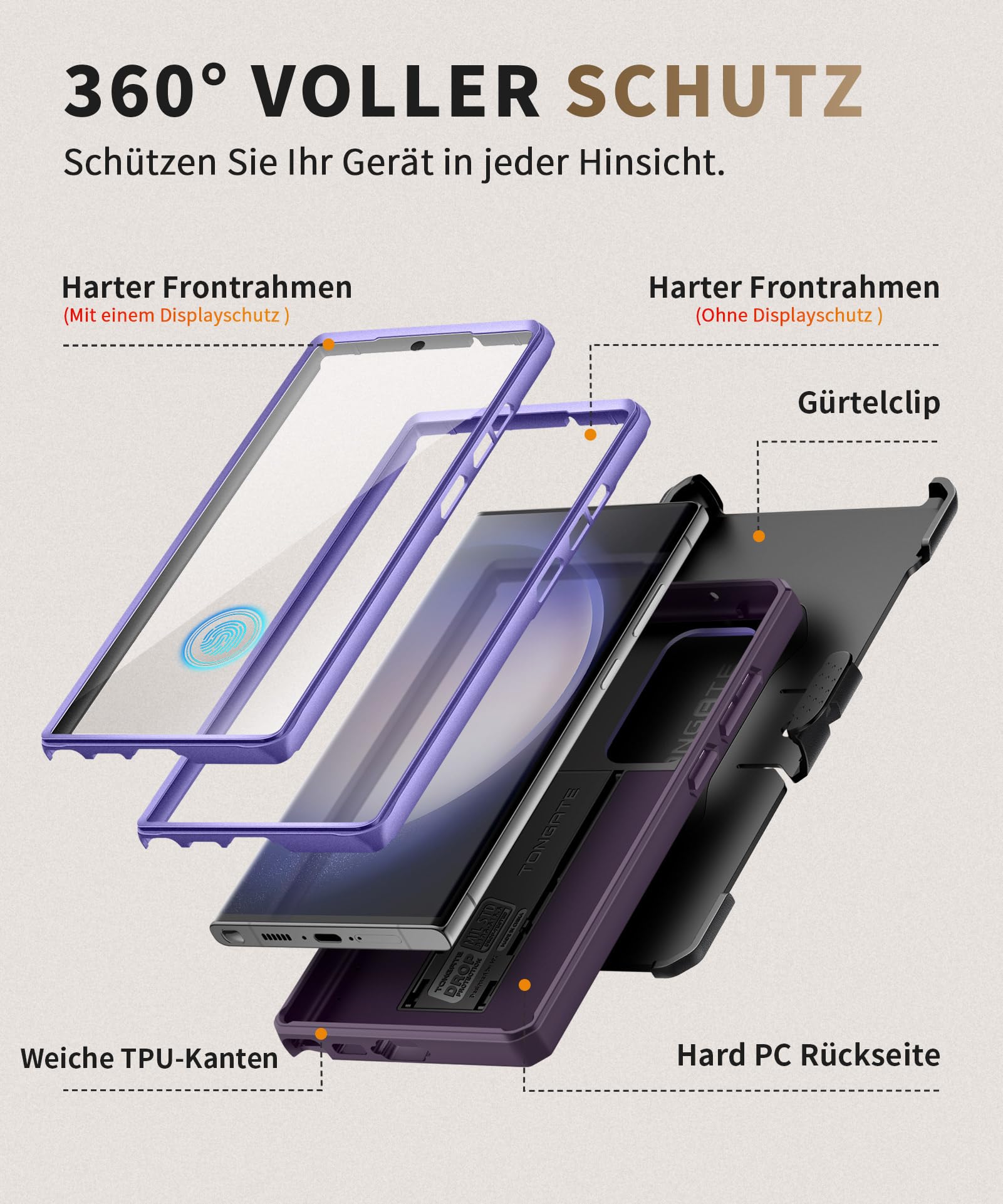 Tongate für Samsung Galaxy S23 Ultra Hülle, [Schiebekamera-Abdeckung & Bildschirmschutz] [2 vordere Rahmen] Militärstandard Stoßfeste S23 Ultra Handyhülle mit Kickstand & Gürtelclip 6,8 Zoll, Lila