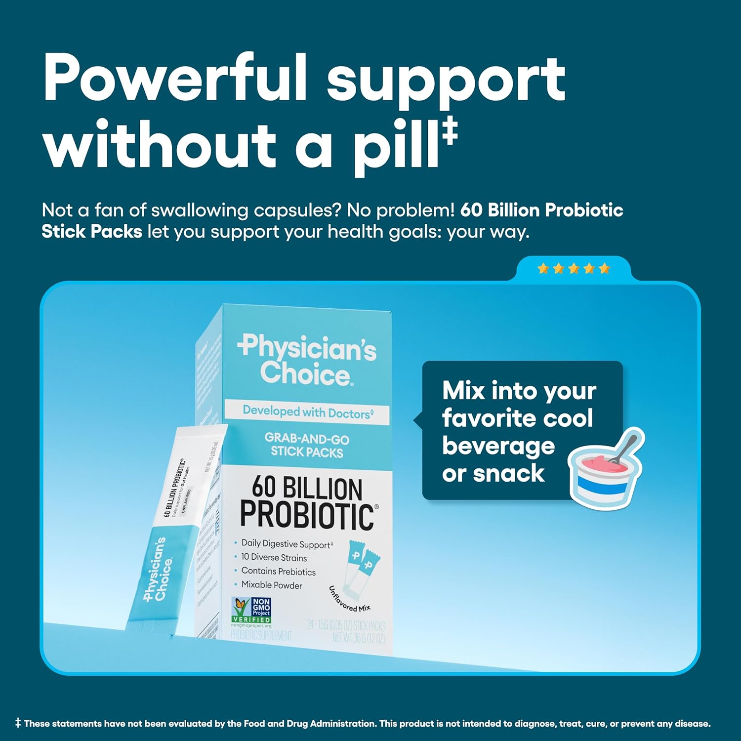Physician’s Choice 60 Billion CFU Probiotic Stick Packs - 10 Strains + Prebiotics - Immune, Digestive & Gut Health - Supports Occasional Constipation, Diarrhea, Gas & Bloating - for Women & Men - 24CT
