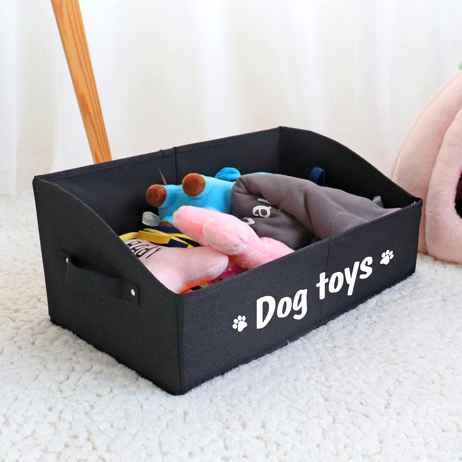 PET ARTIST Sturdy Collapsible Dog Organization and Storage Basket Accessible,Cute Dog Toy Storage with Handles,Dog Toy Box Bin Large for Chew Toys,Clothes,Squeak Toys,Black