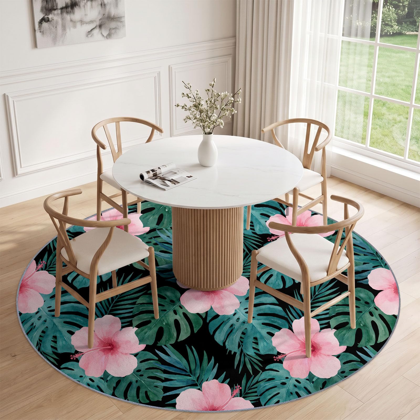Générique Tapis Rond Vert Foncé 120 cm Antidérapant, Hibiscus Floral Tropical Feuille Tapis de Salon Rond à Poils Courts Lavable en Machine, pour Chambre Cuisine et Chambre d'enfant