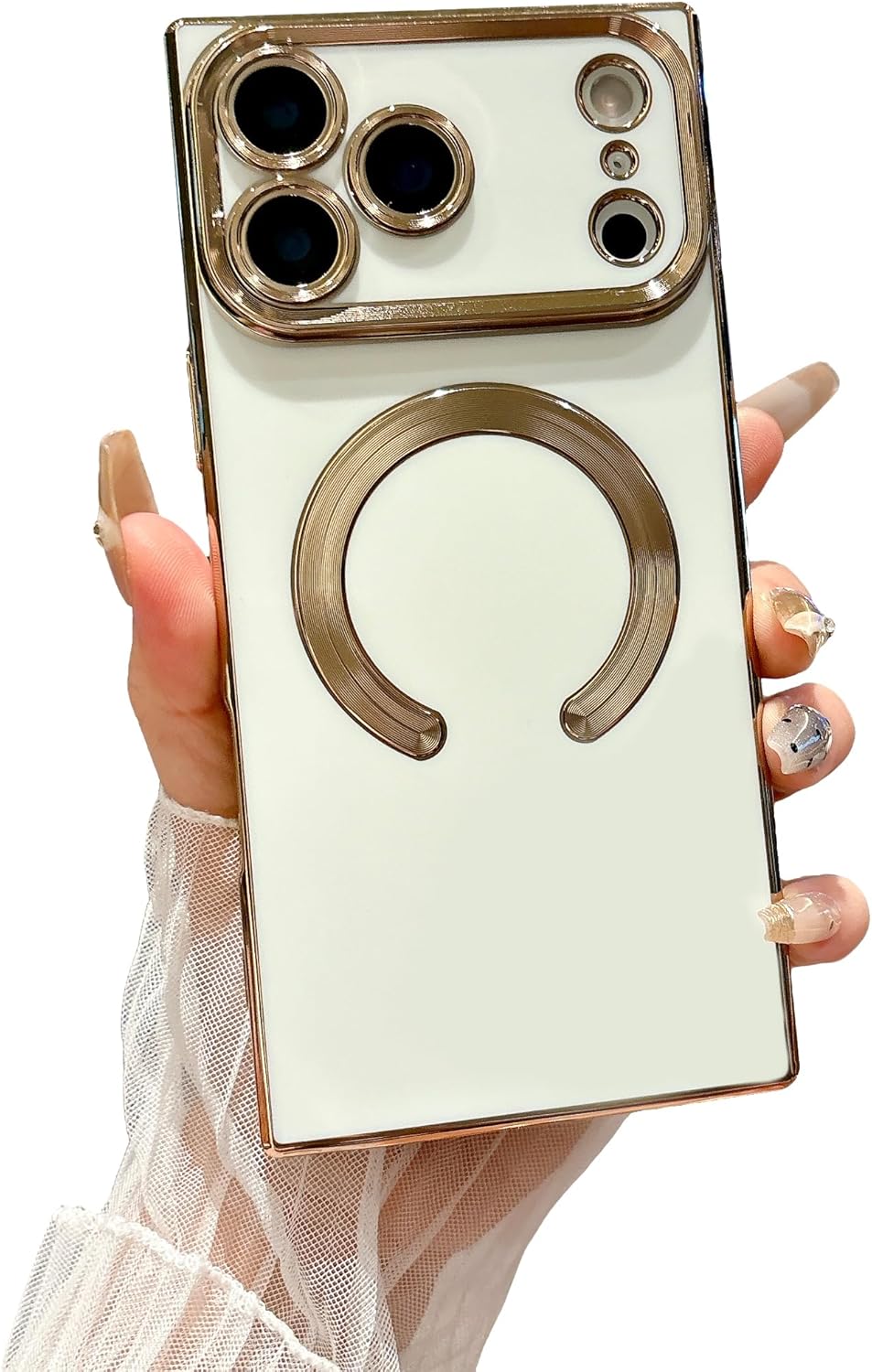 Owncase Magnetic for iPhone 17 Pro Max Case, (Compatible with MagSafe) (Full Camera Lens Protection) (Reinforced Corners) Shockproof Soft TPU Electroplate Edge Bumper Case for Women, White